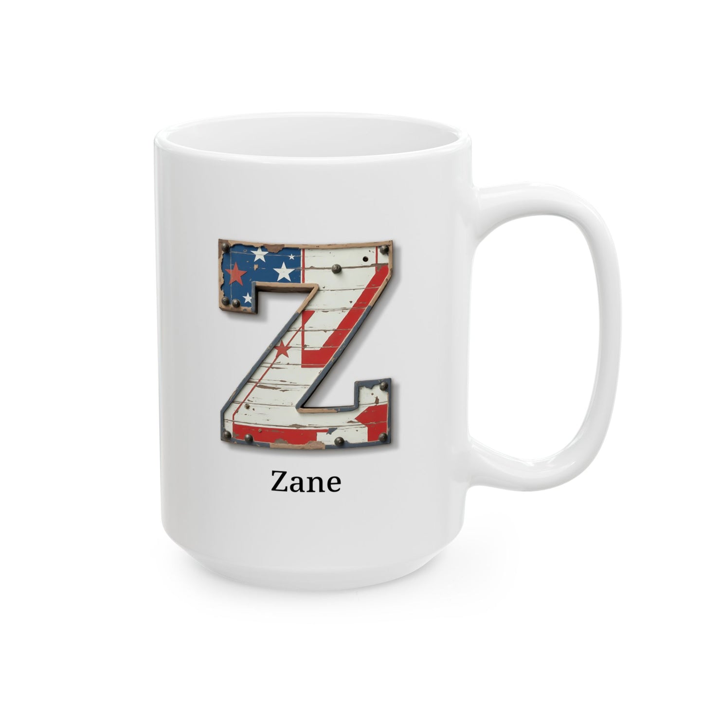 White Personalized USA Flag Initial Mug with Letter Z and Zane Name Gift for Men, Veterans, Patriotic Coffee Lovers