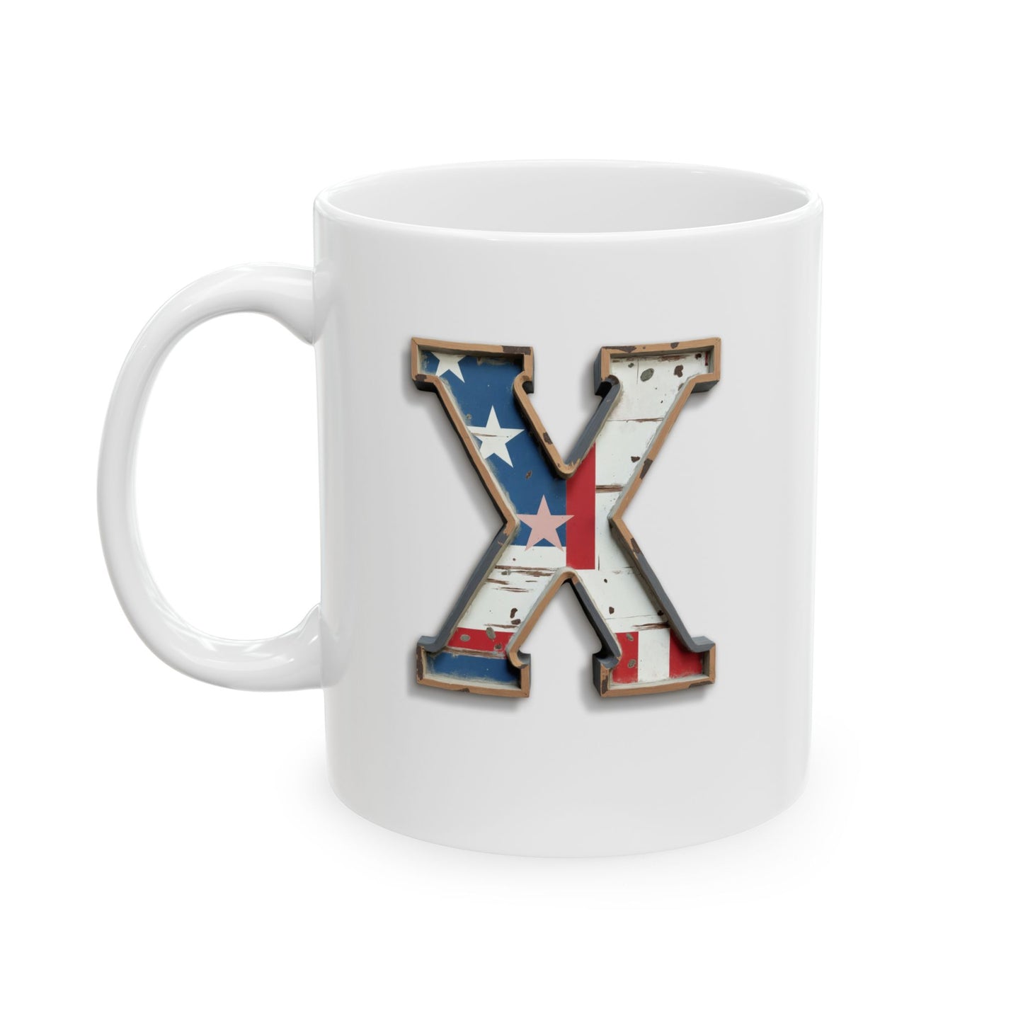White USA Flag Letter X Mug – Personalized Patriotic Initial Coffee Cup Gift for Men, Veterans, and Proud Americans