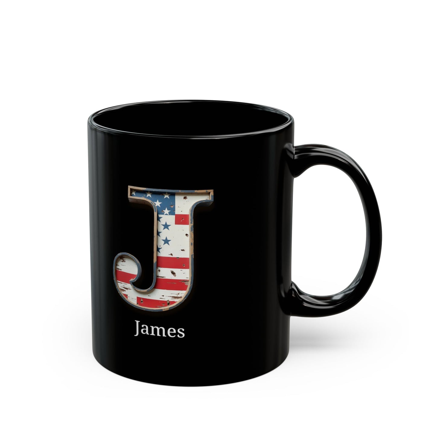 Black Personalized USA Flag Initial Mug with Letter J and James Name Gift for Men, Veterans, Patriotic Coffee Lovers