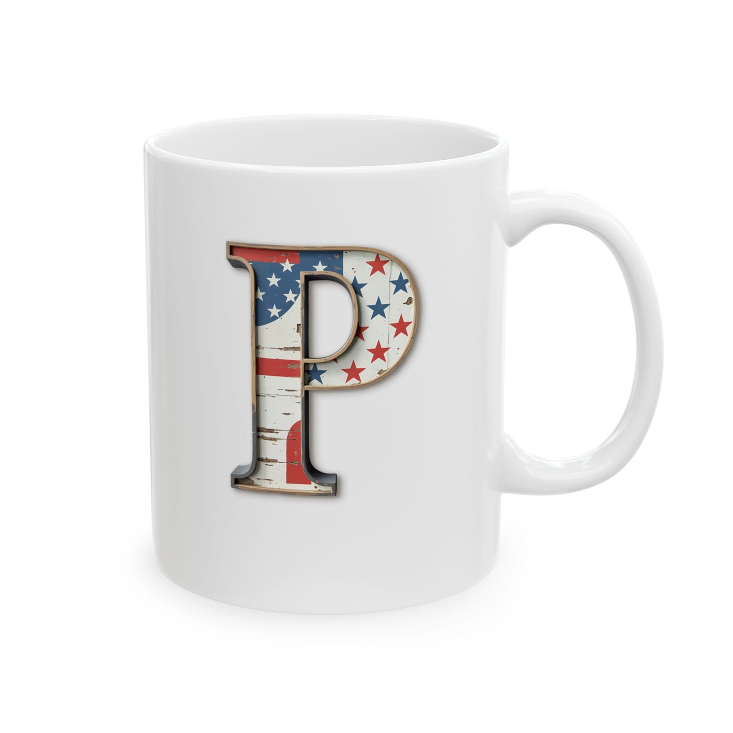 White American Flag Mug with Letter P Patriotic Initial Coffee Cup Gift for Veterans Military Families or Proud Americans
