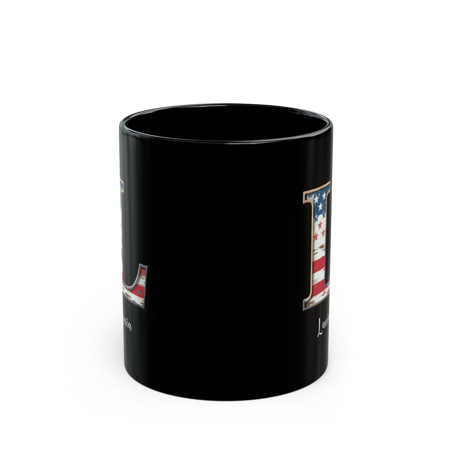 Mug - Patriotic American Flag Letter L with Kevin Name - Vintage Red, White, and Blue Design