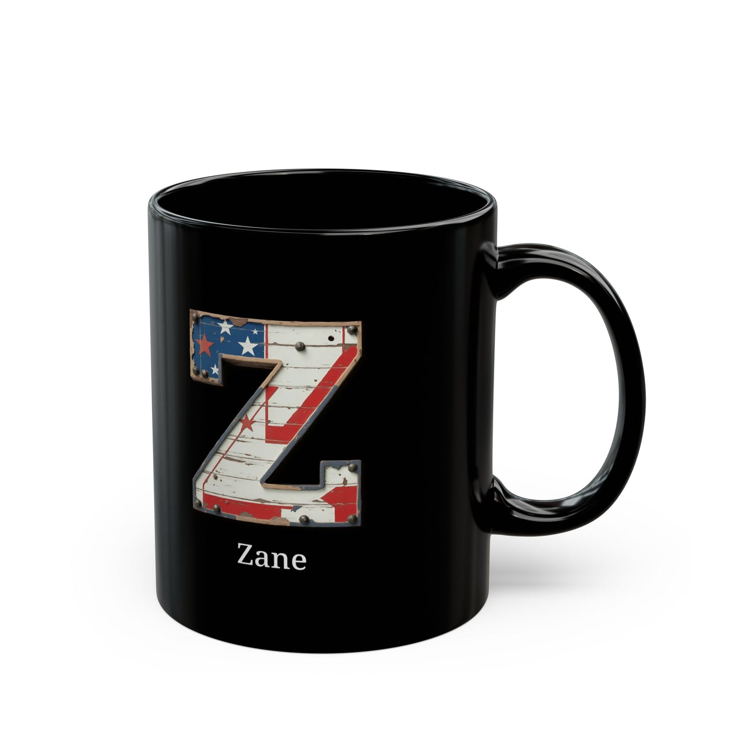 Black Personalized USA Flag Initial Mug with Letter Z and Zane Name Gift for Men, Veterans, Patriotic Coffee Lovers