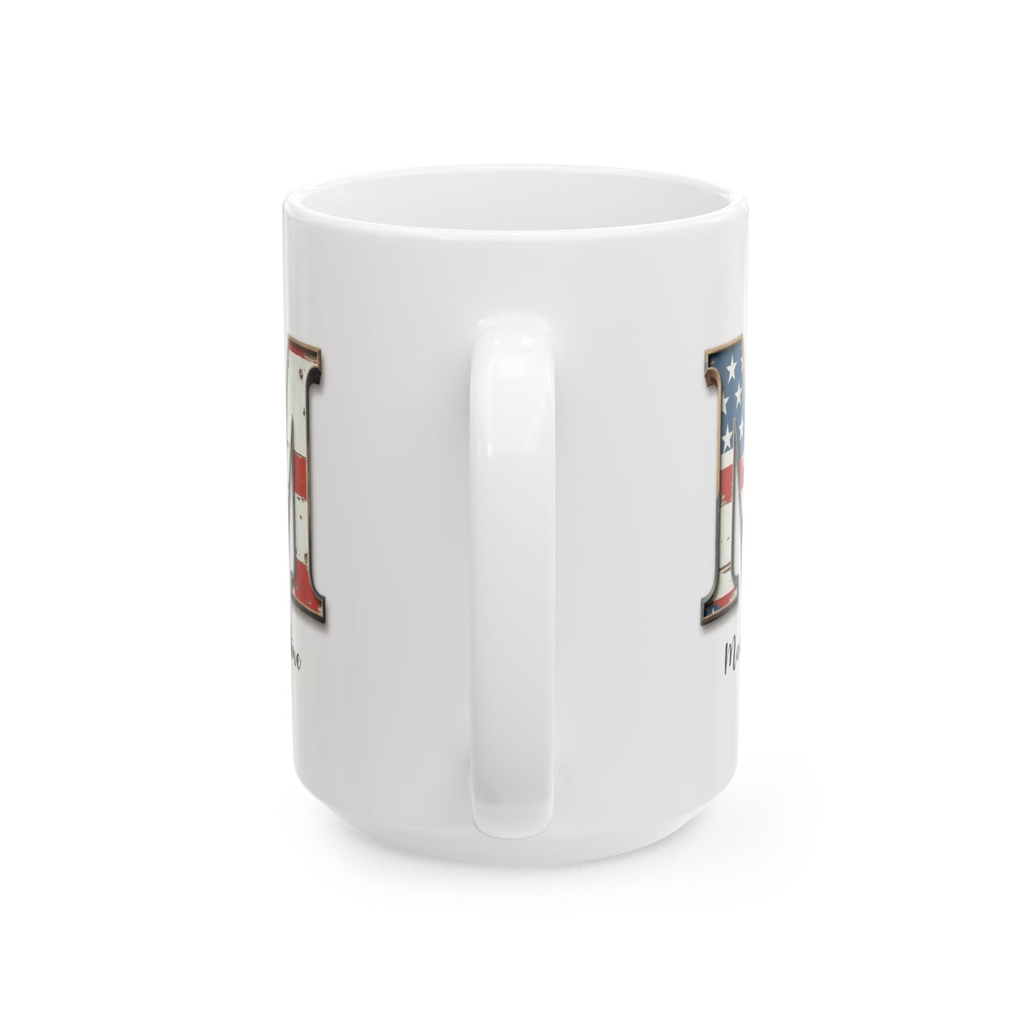 Mug - Patriotic American Flag Letter M with Kevin Name - Vintage Red, White, and Blue Design