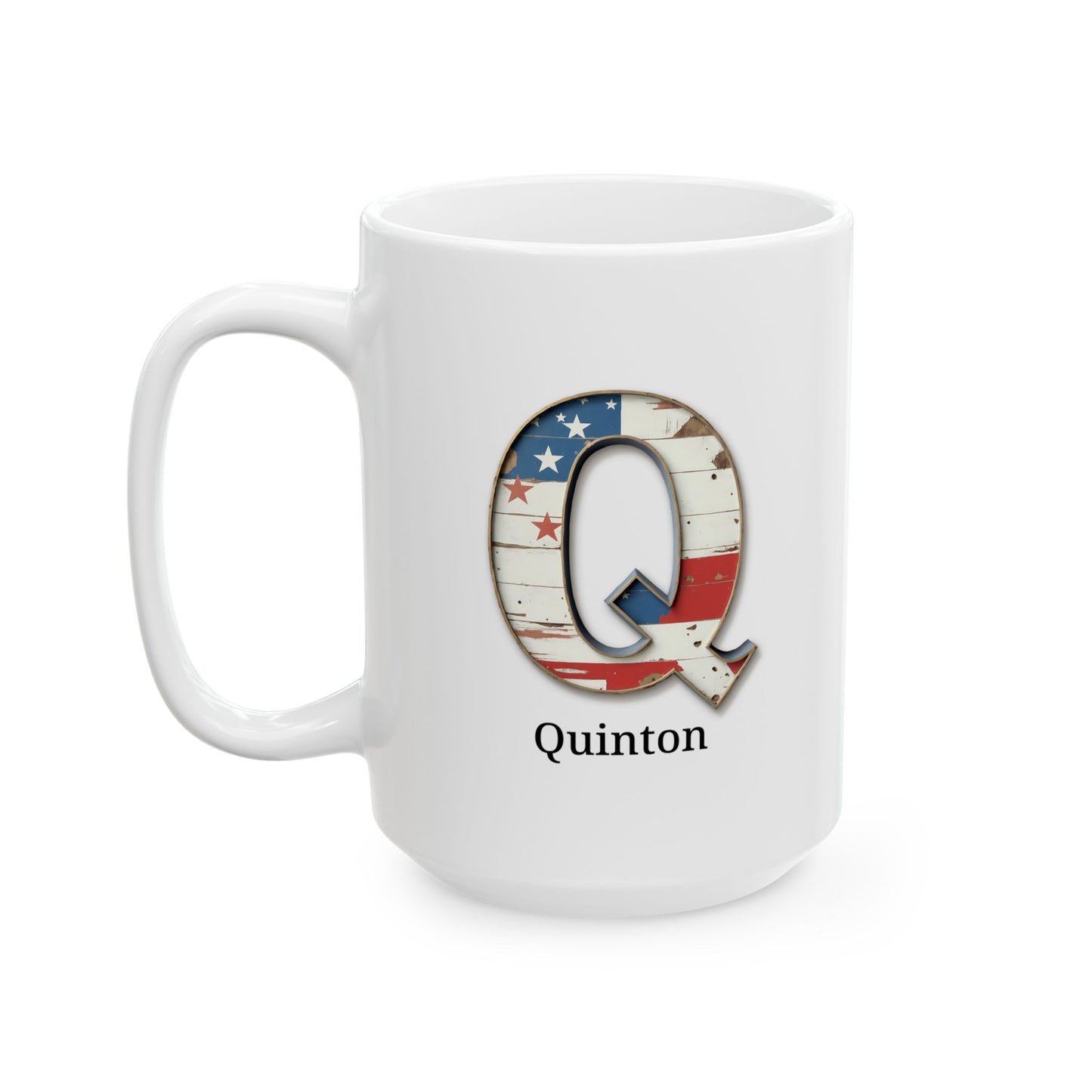 White American Flag Mug with Letter Q and Name Quinton Personalized Patriotic Coffee Cup Gift for Veterans Military or Proud Americans