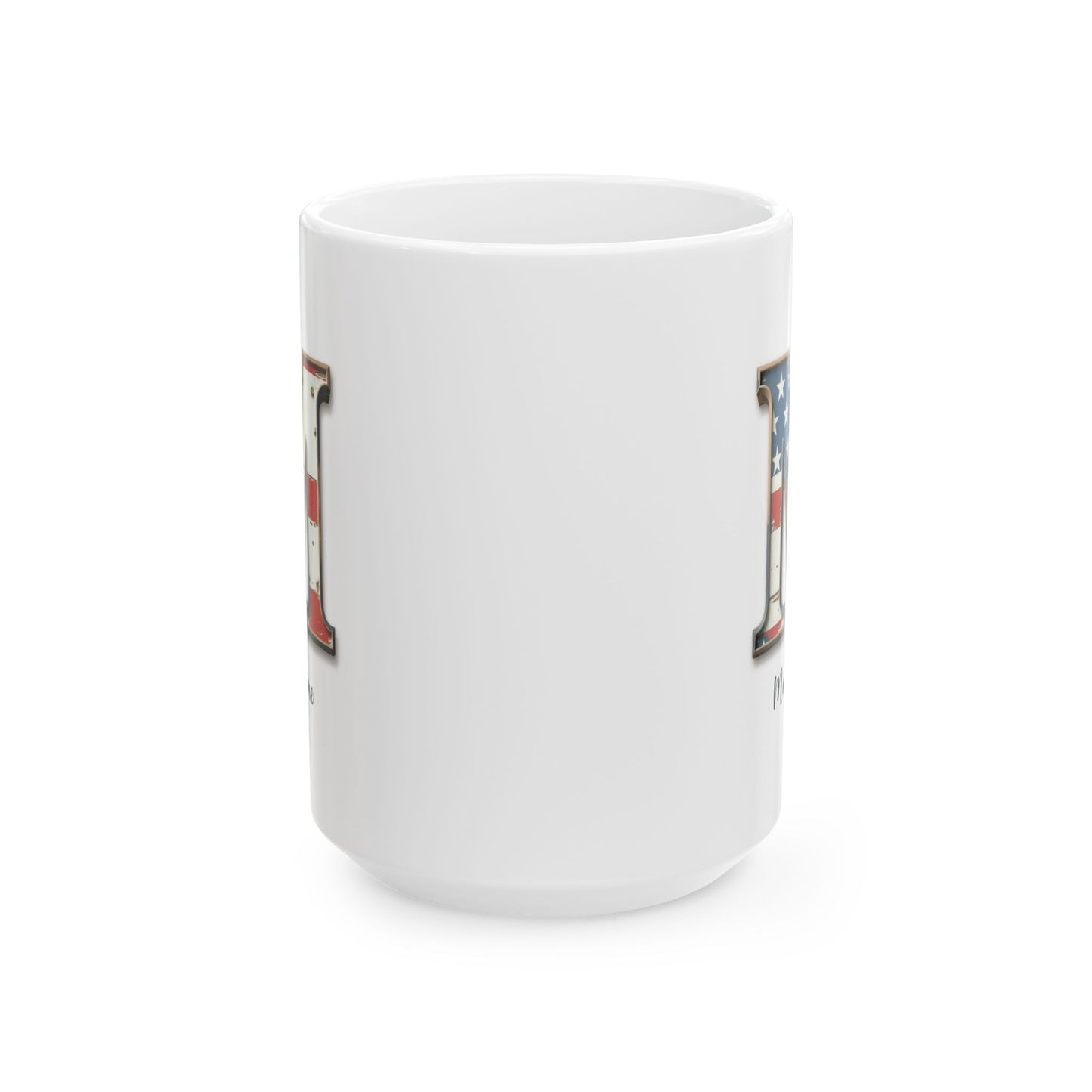 Mug - Patriotic American Flag Letter M with Kevin Name - Vintage Red, White, and Blue Design