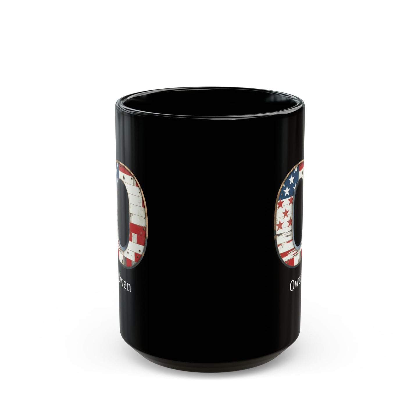 Black American Flag Mug with Letter O and Name Owen Personalized Patriotic Coffee Cup Gift for Men Veterans or Proud USA Supporters