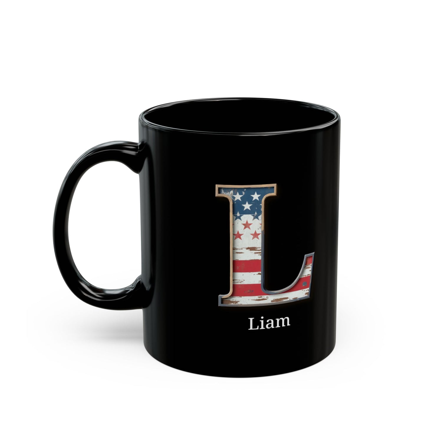 Black American Flag Mug with Letter L and Name Liam Personalized Patriotic Coffee Cup Gift for Men Veterans Military or Proud Americans