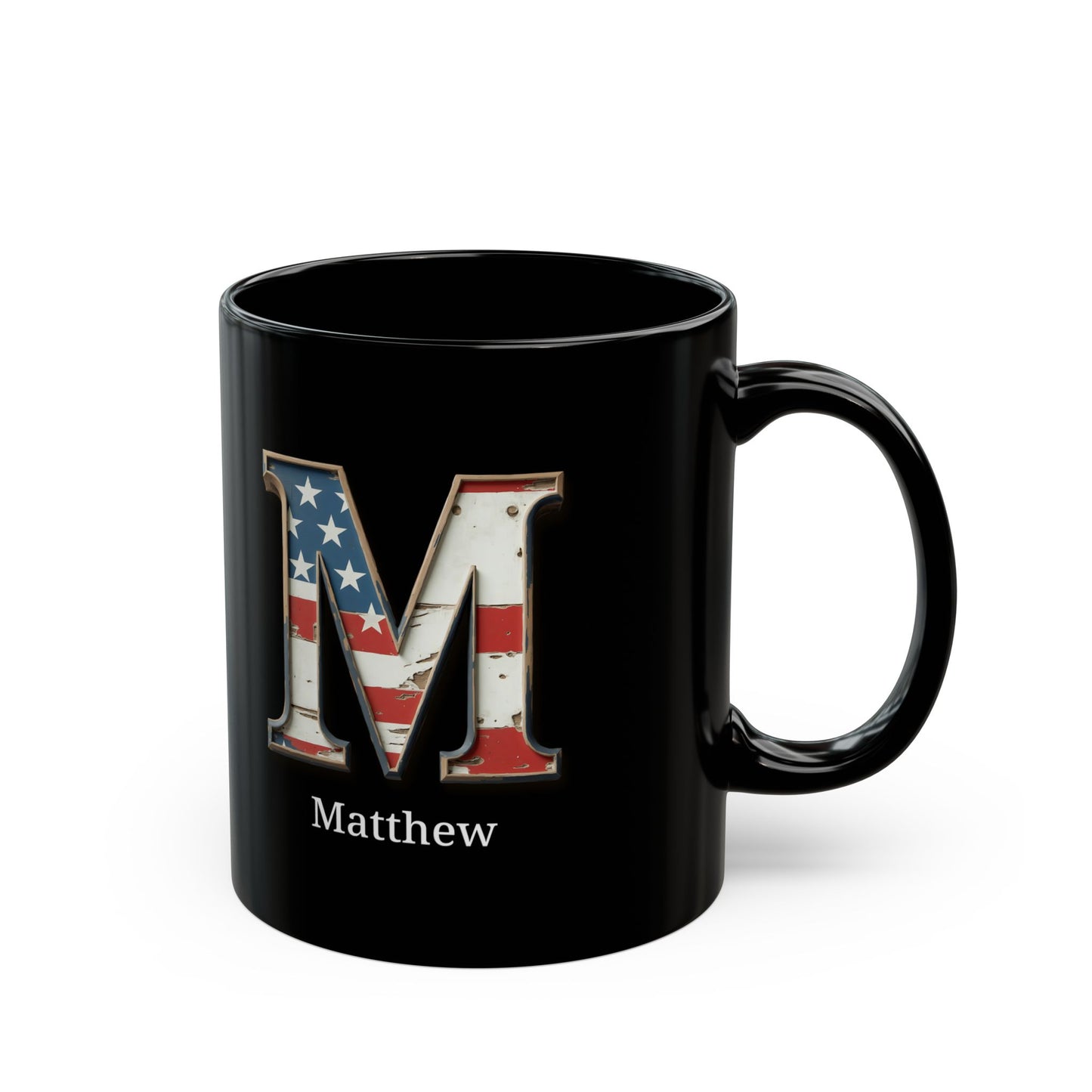 Black American Flag Mug with Letter M and Name Matthew Personalized Patriotic Coffee Cup Gift for Men Veterans or Proud USA Supporters