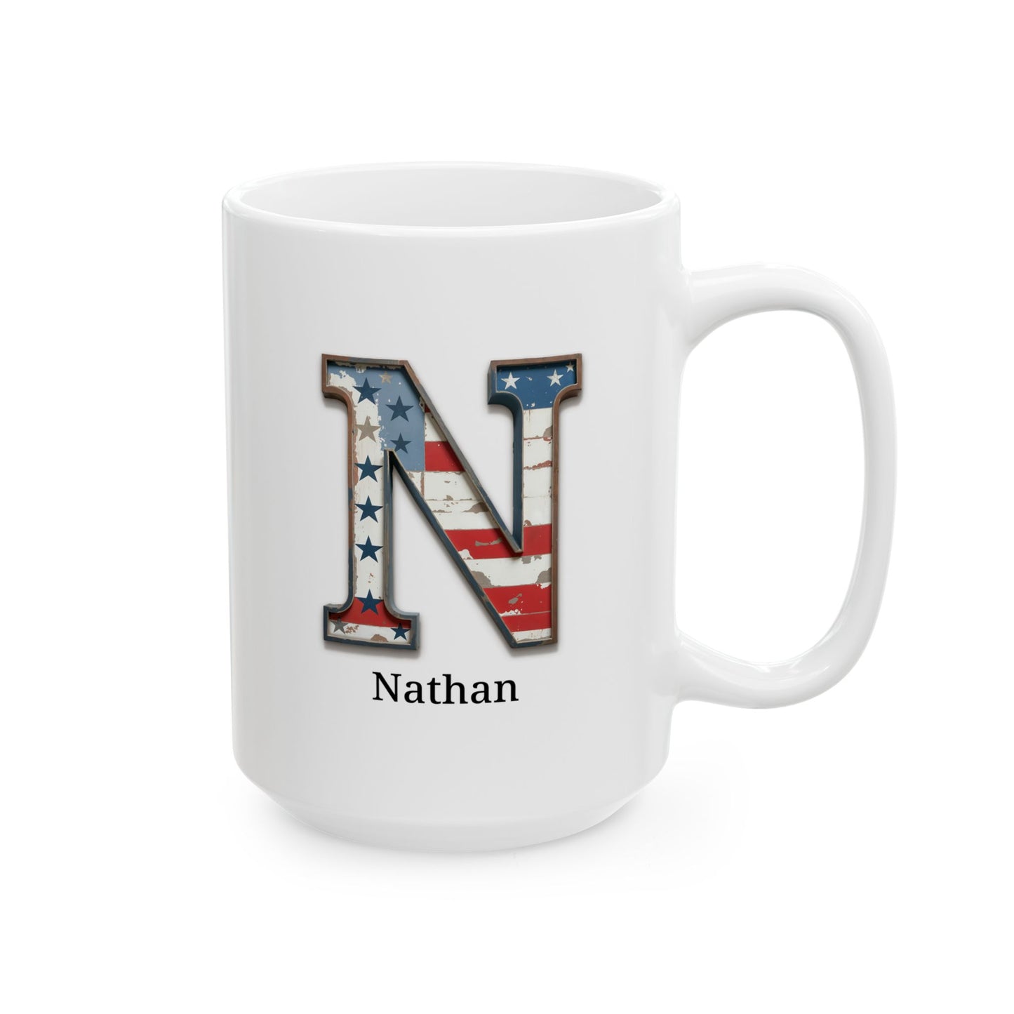 White American Flag Mug with Letter N and Name Nathan Personalized Patriotic Coffee Cup Gift for Veterans Military or Proud Americans