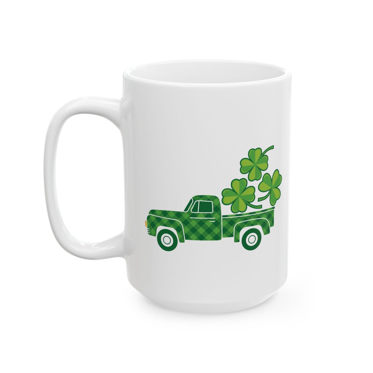 St Patrick’s Day Mug – Green Plaid Truck with Shamrocks Coffee Cup