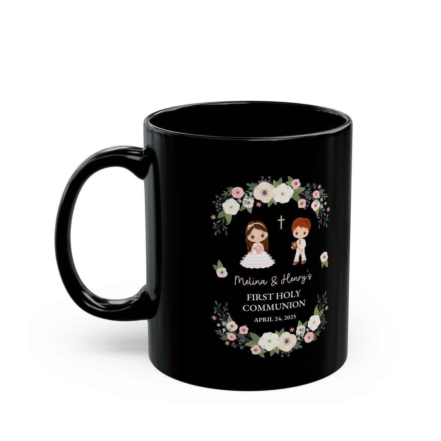 First Holy Communion Black Mug – Custom Gift for Melina & Henry