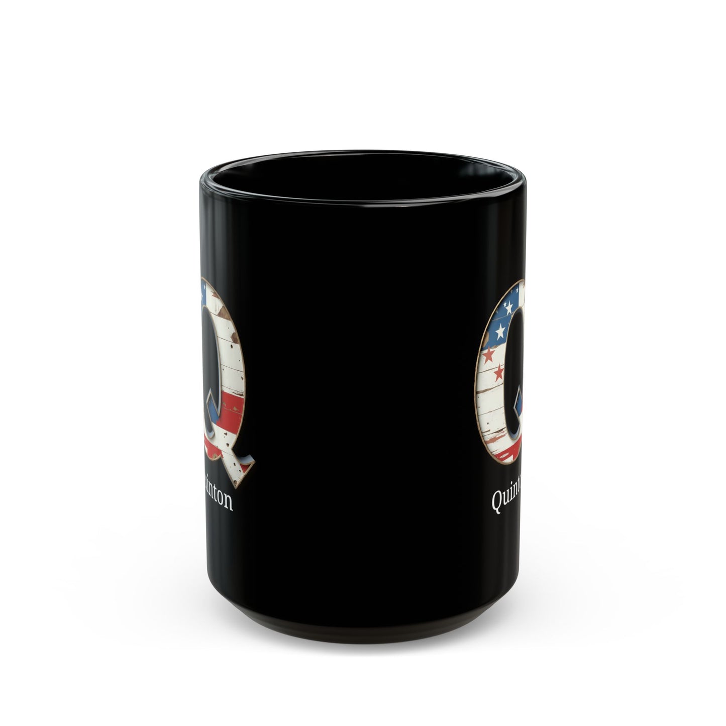 Black American Flag Mug with Letter Q and Name Quinton Personalized Patriotic Coffee Cup Gift for Men Veterans or American Flag Fans