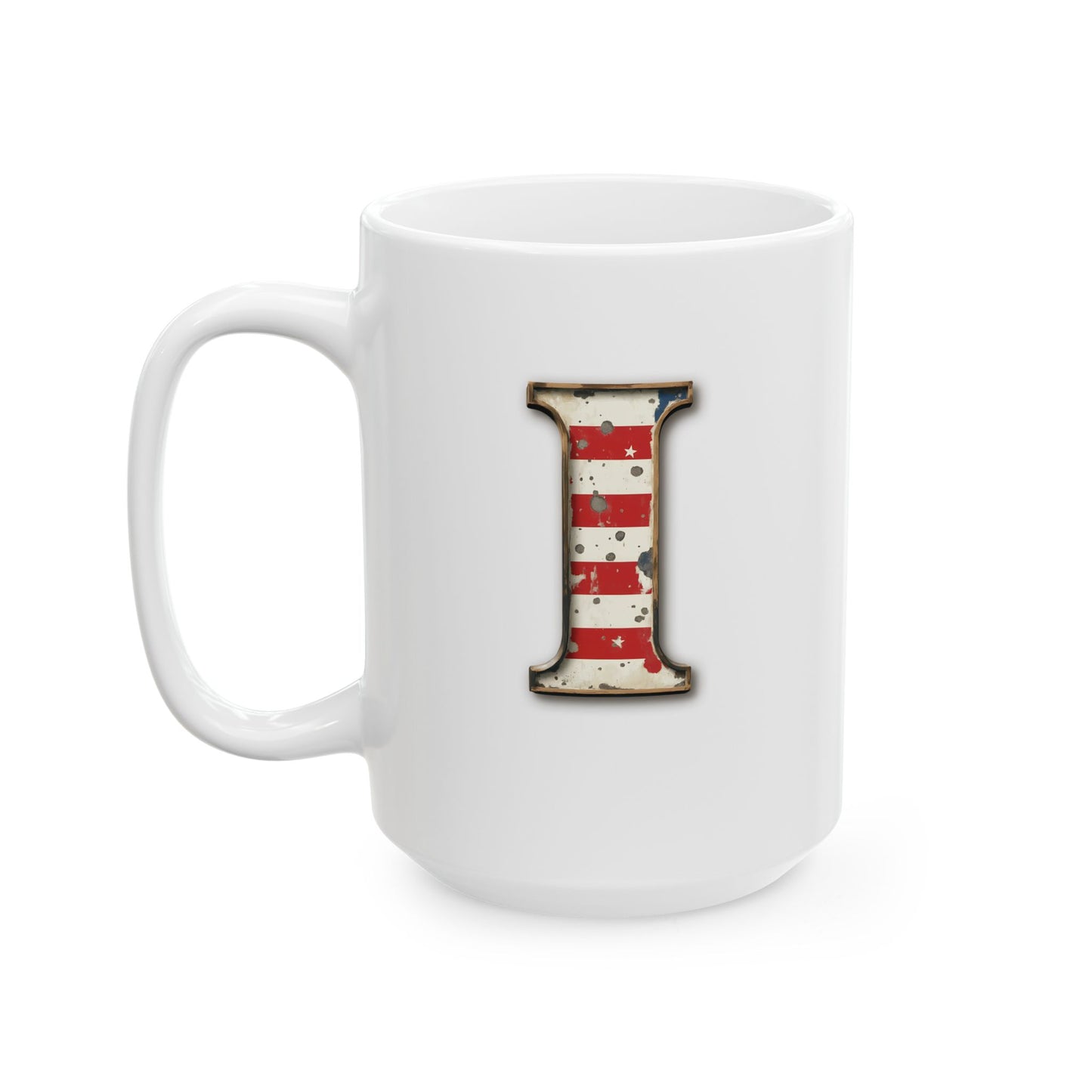 Mug - Patriotic American Flag Letter I with Kevin Name - Vintage Red, White, and Blue Design