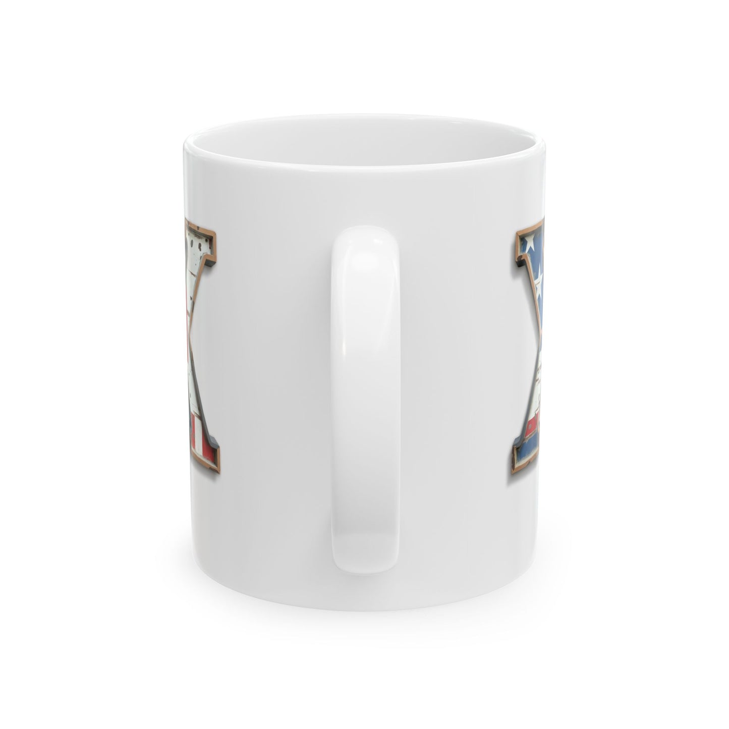 White USA Flag Letter X Mug – Personalized Patriotic Initial Coffee Cup Gift for Men, Veterans, and Proud Americans