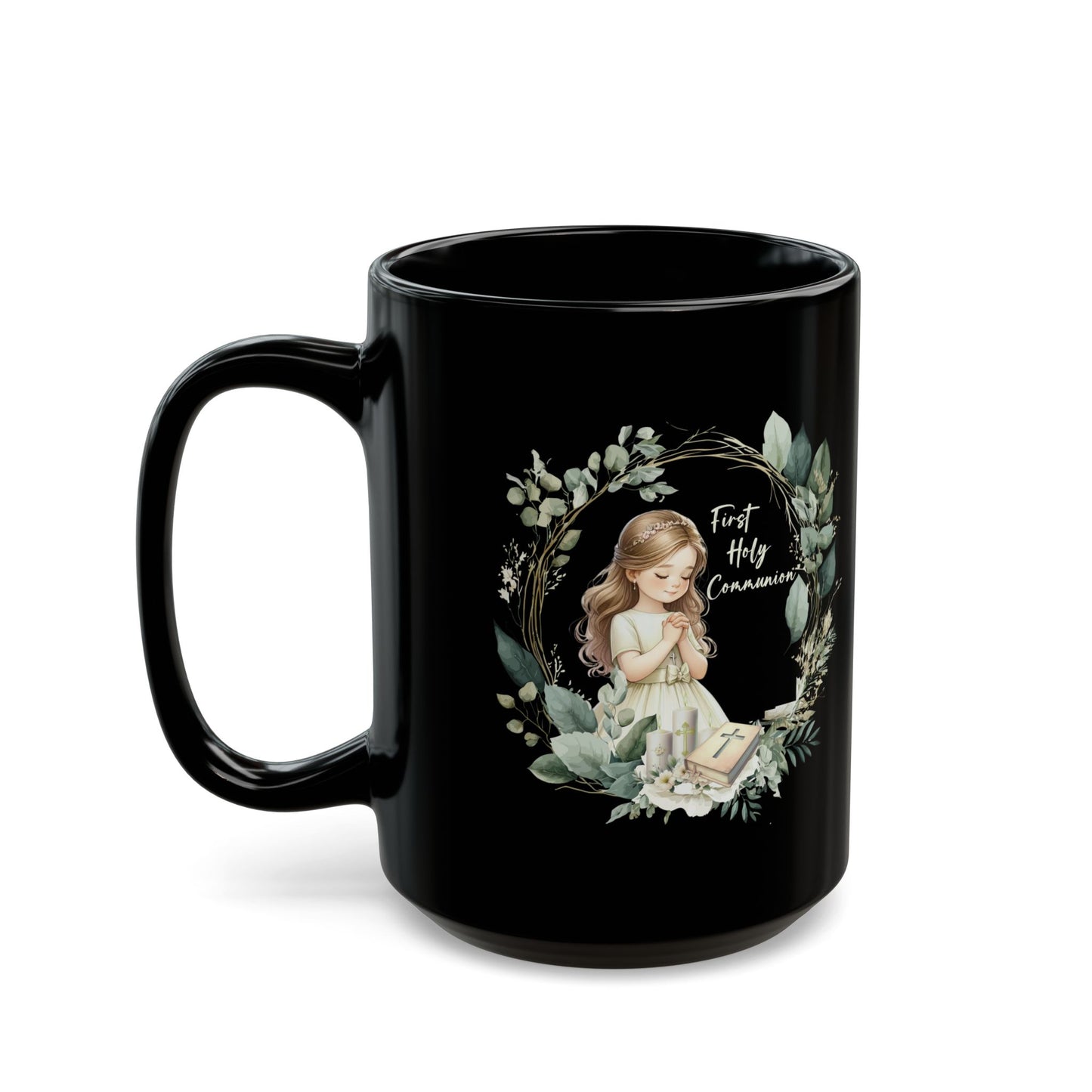 First Holy Communion Mug for Girl – Elegant Black Keepsake Cup