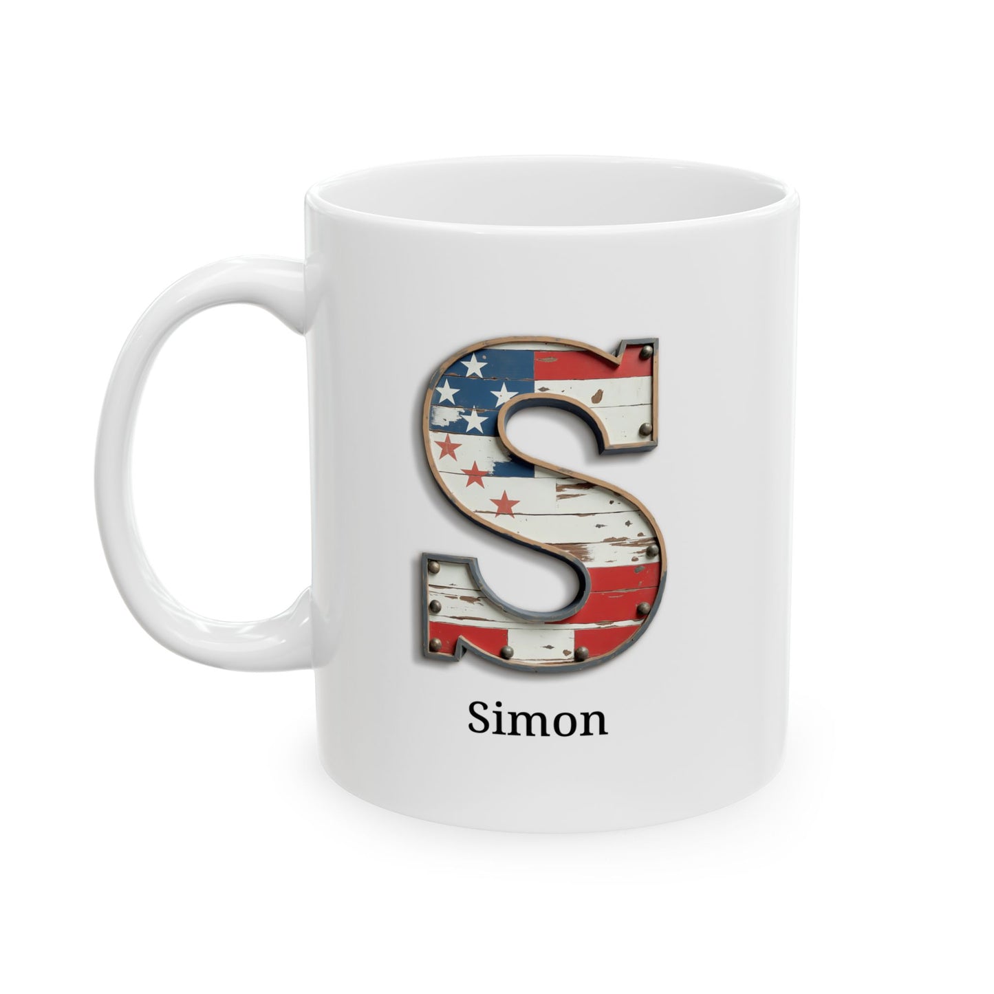 White American Flag Mug with Letter S and Name Simon Personalized Patriotic Coffee Cup Gift for Men Veterans or Proud Americans