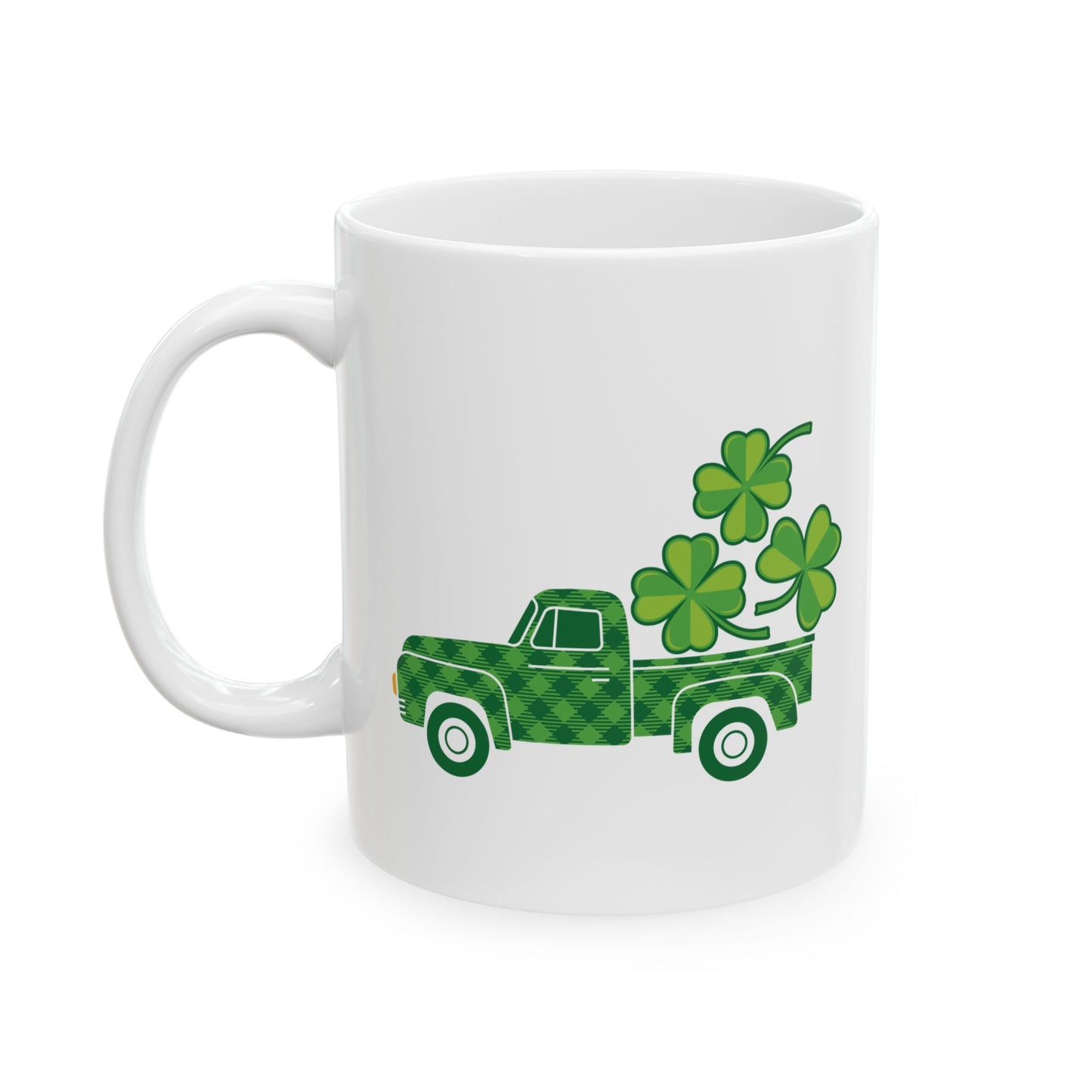 St Patrick’s Day Mug – Green Plaid Truck with Shamrocks Coffee Cup