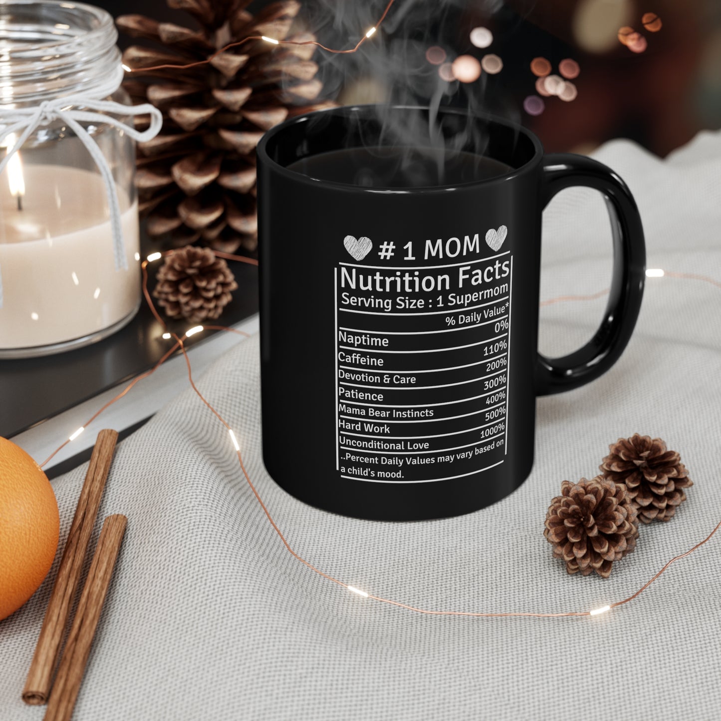 #1 Mom Nutrition Facts Black Mug – Funny Supermom Coffee Cup