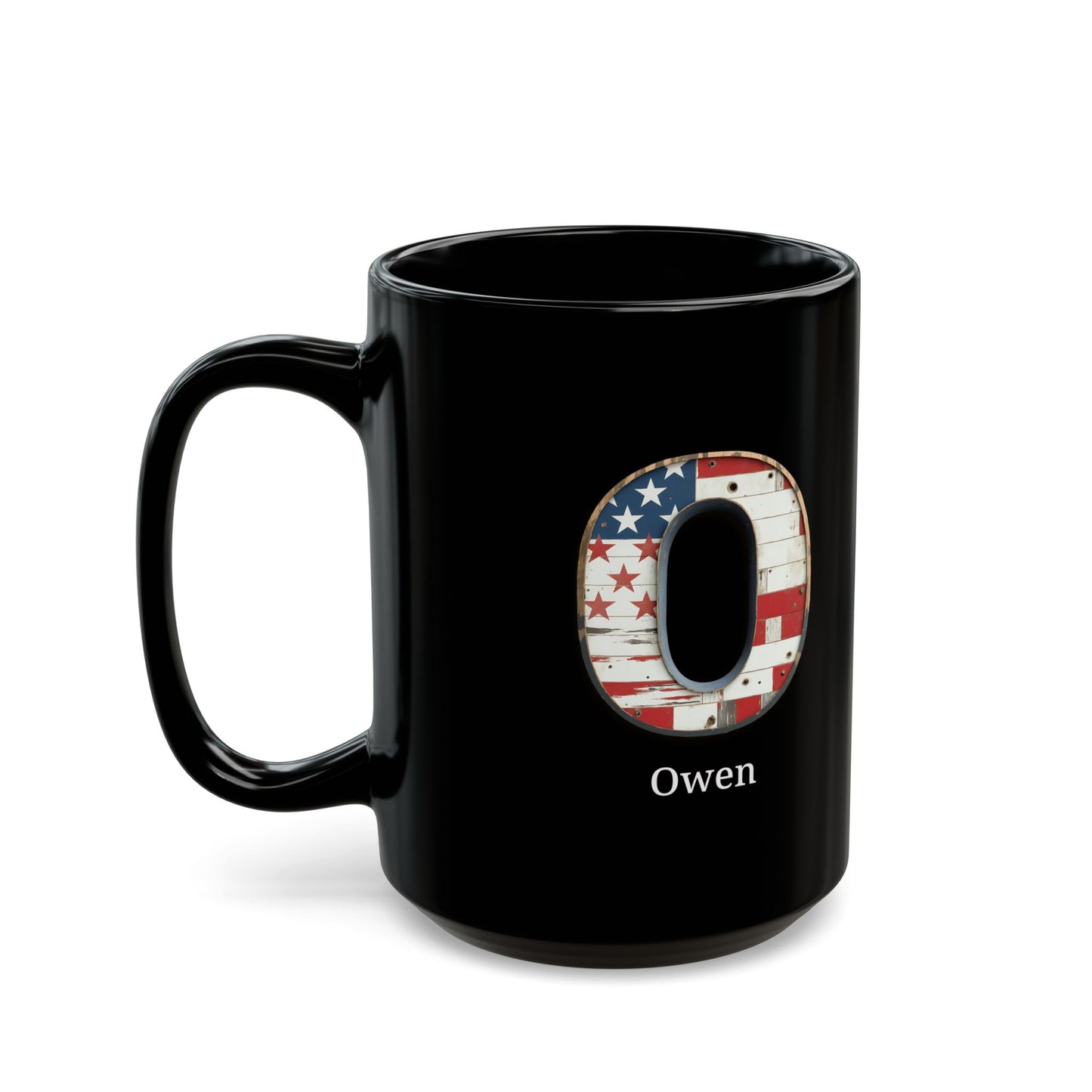 Black American Flag Mug with Letter O and Name Owen Personalized Patriotic Coffee Cup Gift for Men Veterans or Proud USA Supporters