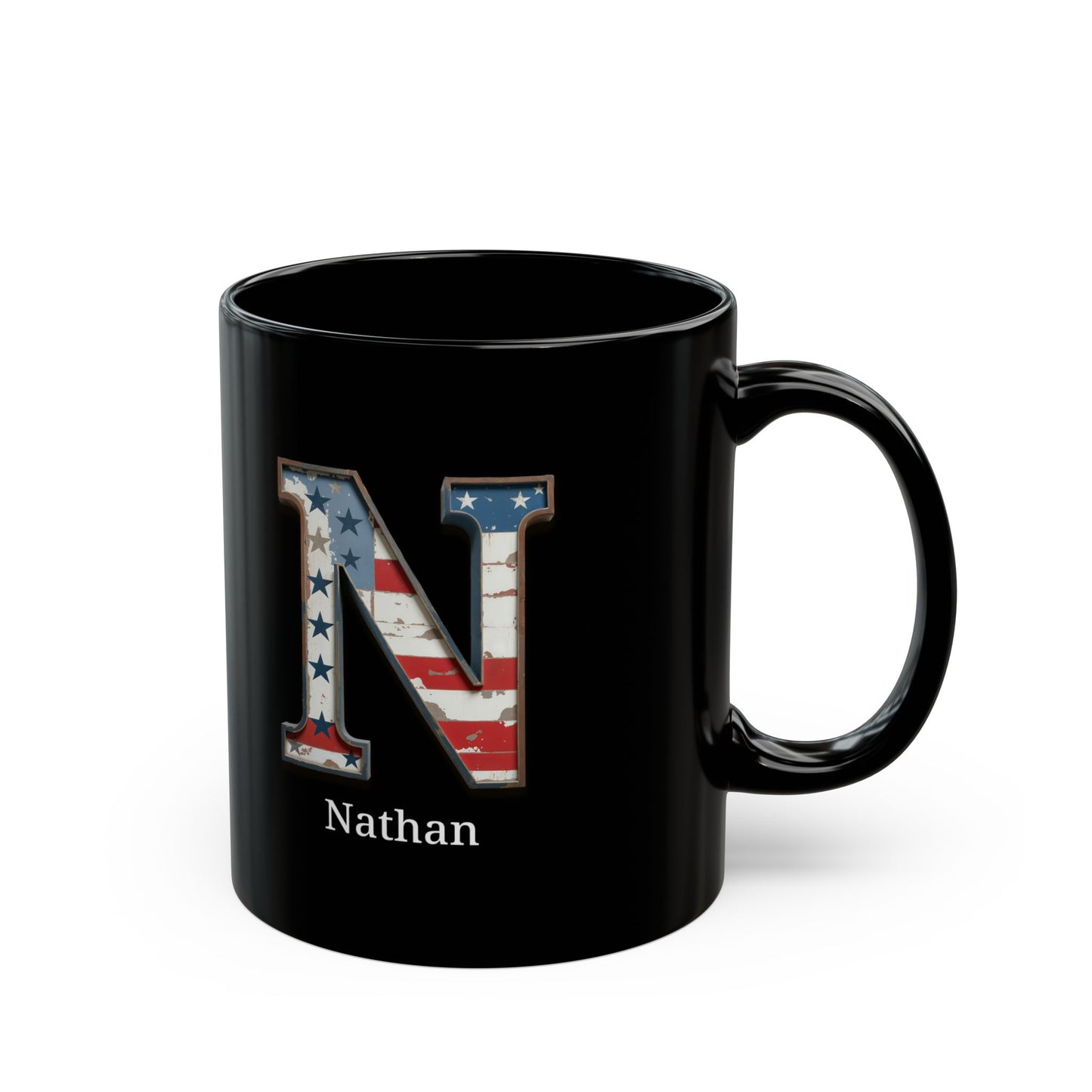 Black American Flag Mug with Letter N and Name Nathan Personalized Patriotic Coffee Cup Gift for Men Veterans or USA Flag Supporters