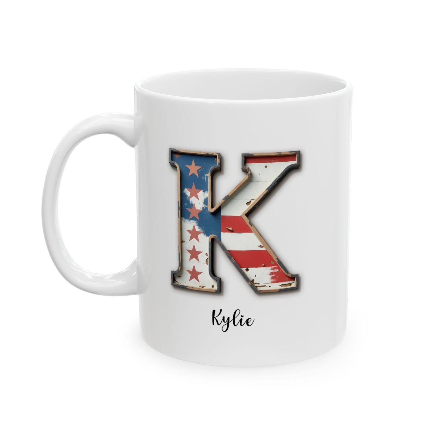 Mug - Patriotic American Flag Letter K with Kevin Name - Vintage Red, White, and Blue Design