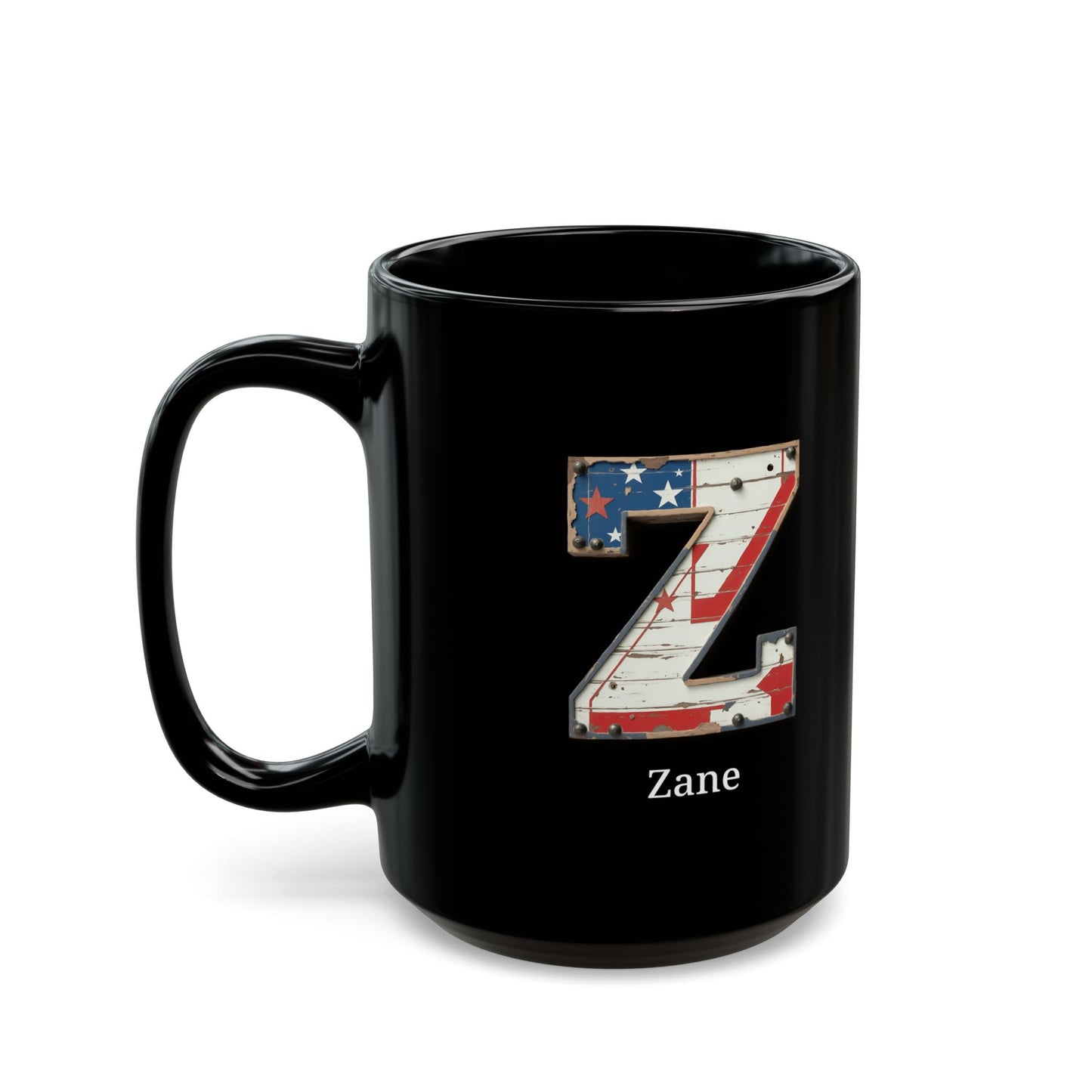 Black Personalized USA Flag Initial Mug with Letter Z and Zane Name Gift for Men, Veterans, Patriotic Coffee Lovers