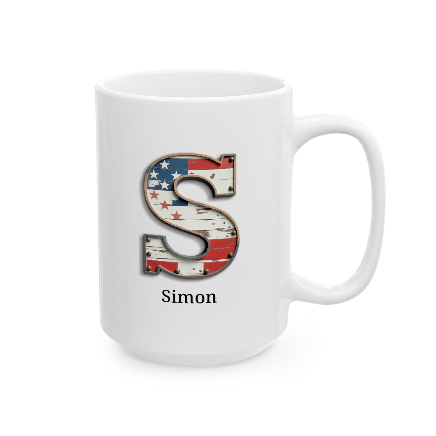 White American Flag Mug with Letter S and Name Simon Personalized Patriotic Coffee Cup Gift for Men Veterans or Proud Americans