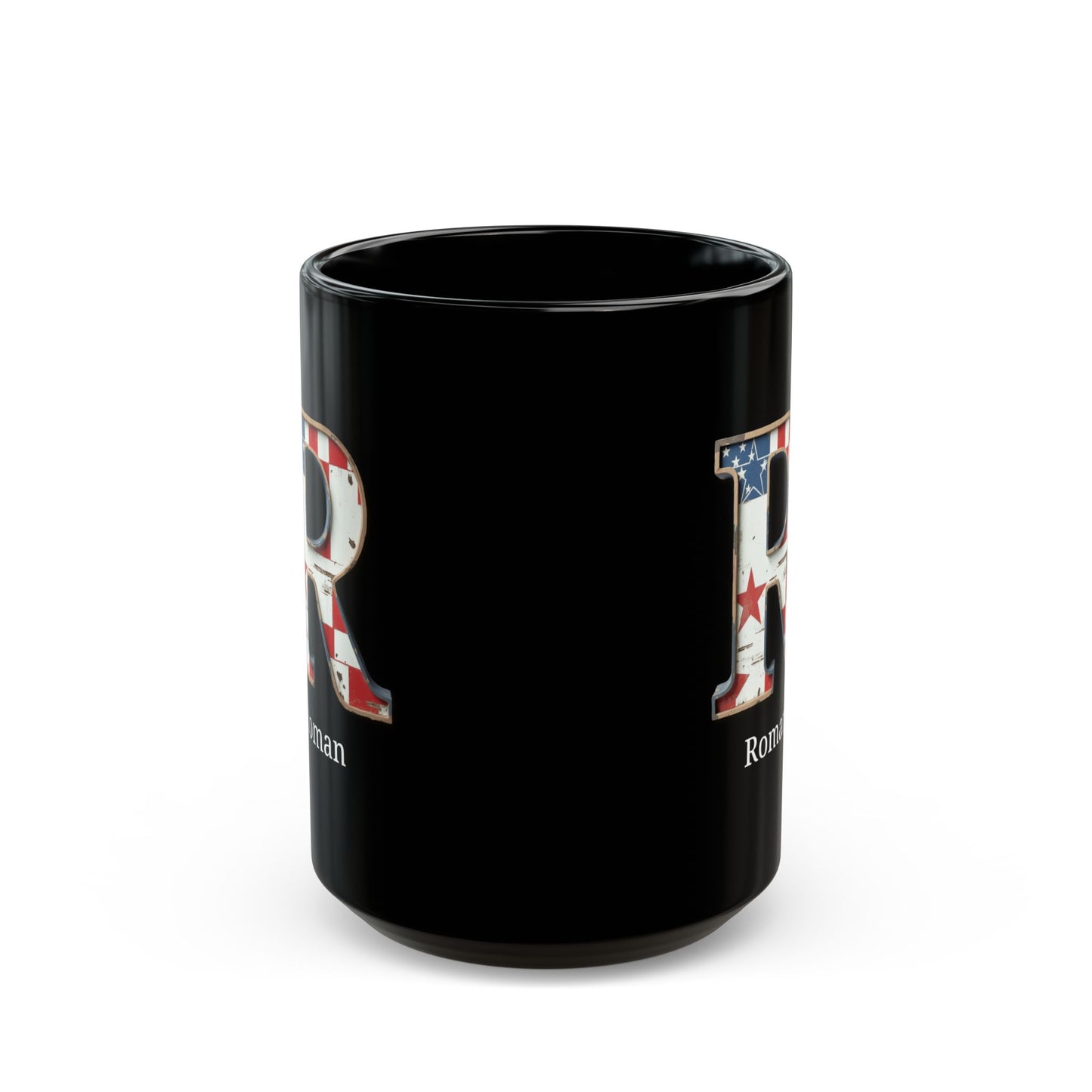 Black American Flag Mug with Letter R and Name Roman Personalized Patriotic Coffee Cup Gift for Men Veterans or Proud USA Supporters