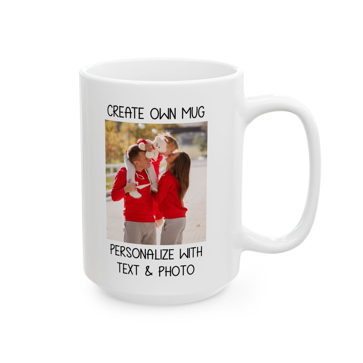 Happy Family Moments in Red Hoodies - Dad, Mom, and Daughter Outdoors Mug