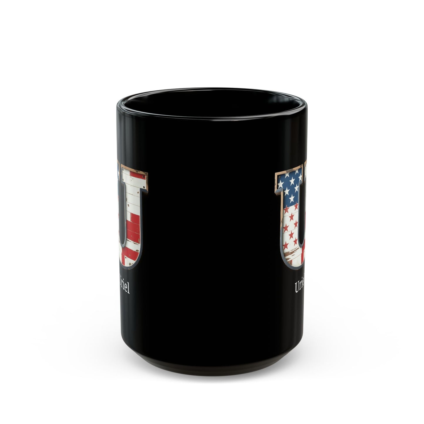 Black American Flag Mug with Letter U and Name Uriel Personalized Patriotic Coffee Cup Gift for Men Veterans or USA Supporters