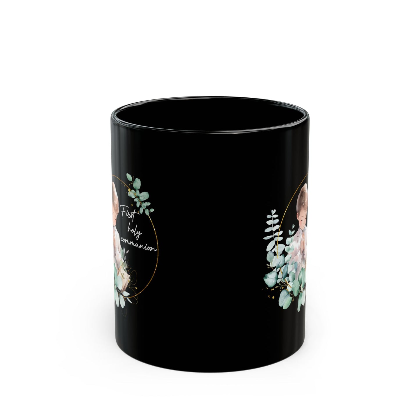 First Communion Mug for Boy – Black Mug with Eucalyptus Prayer Art
