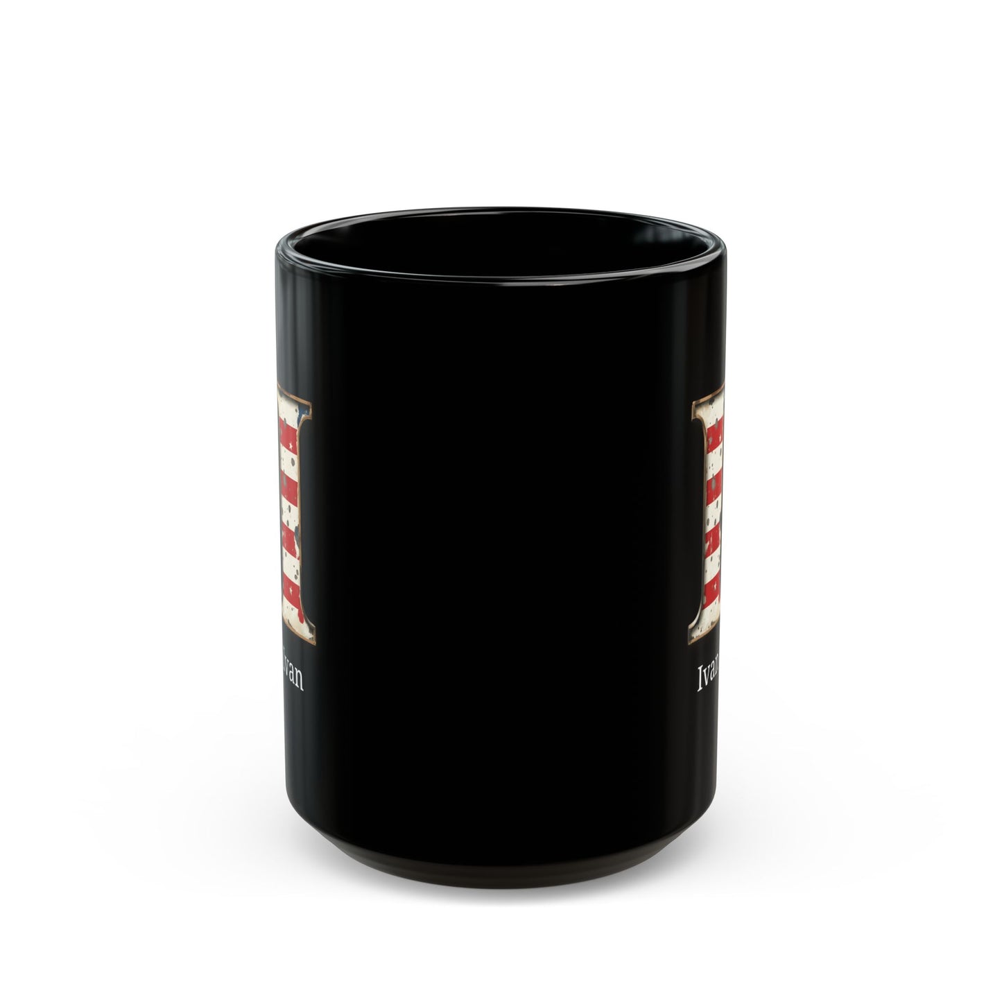 Black Personalized USA Flag Initial Mug with Letter I and Ivan Name Gift for Men, Veterans, Patriotic Coffee Lovers