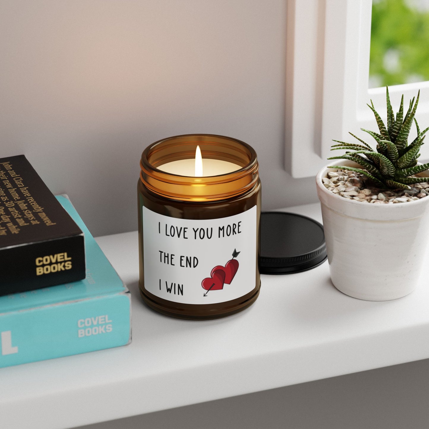 I Love You More Candle – The End I Win – Funny Romantic Gift with Hearts Amber Jar Candle for Him or Her