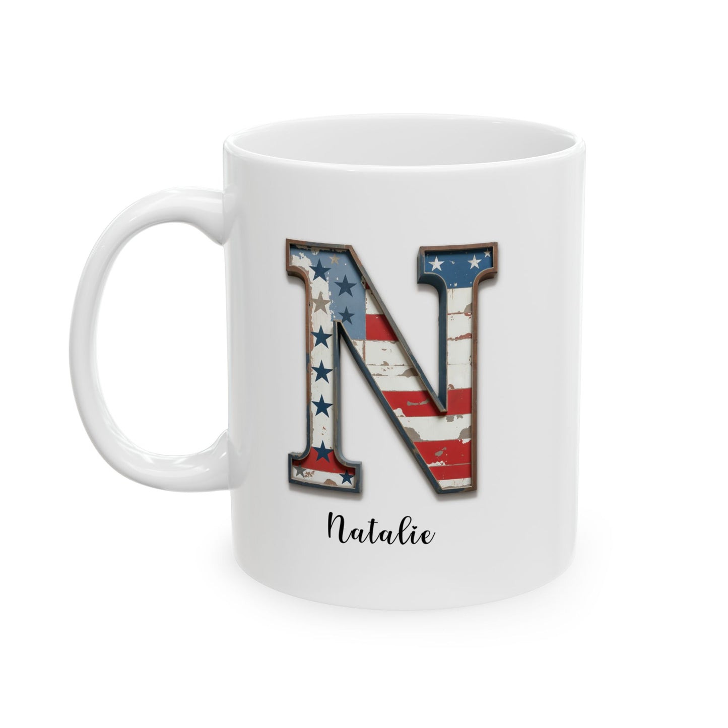 Mug - Patriotic American Flag Letter N with Kevin Name - Vintage Red, White, and Blue Design