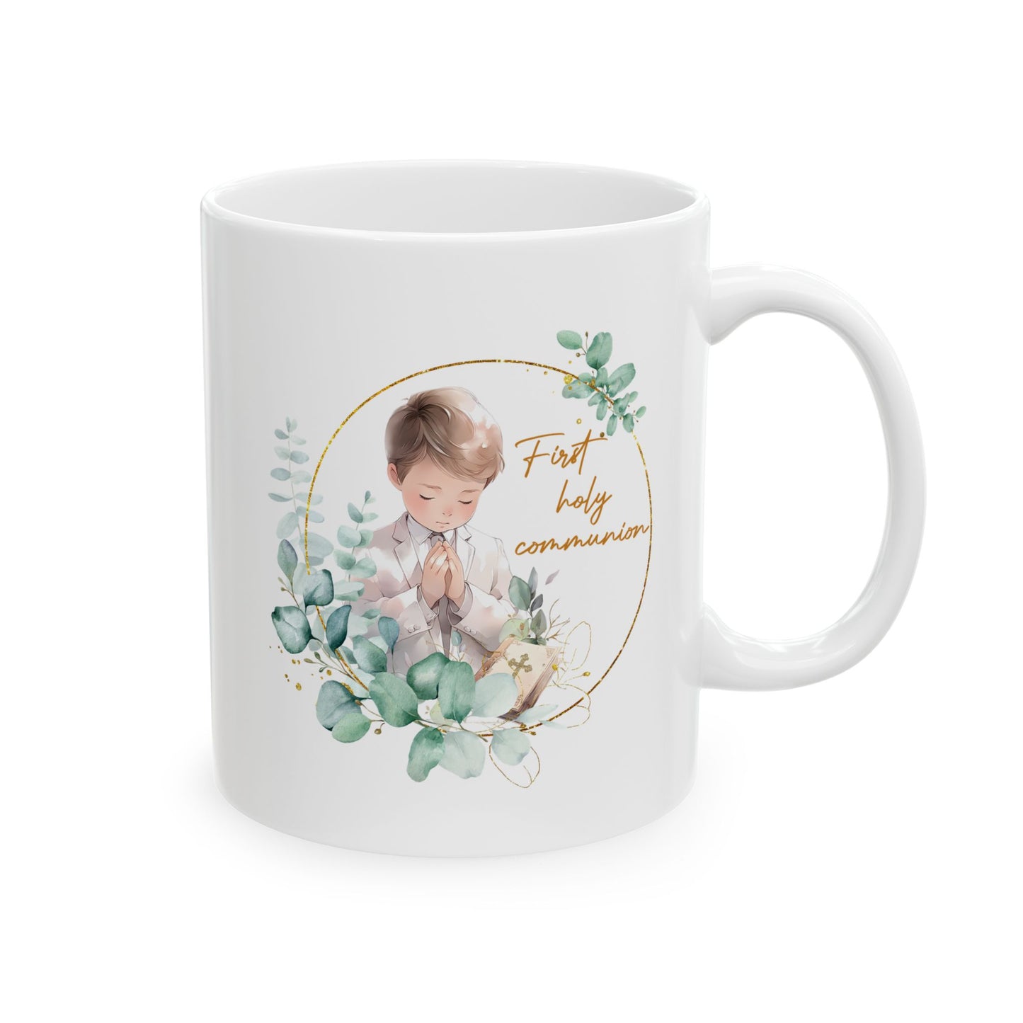 First Communion Mug for Boy – Elegant Eucalyptus Prayer Design