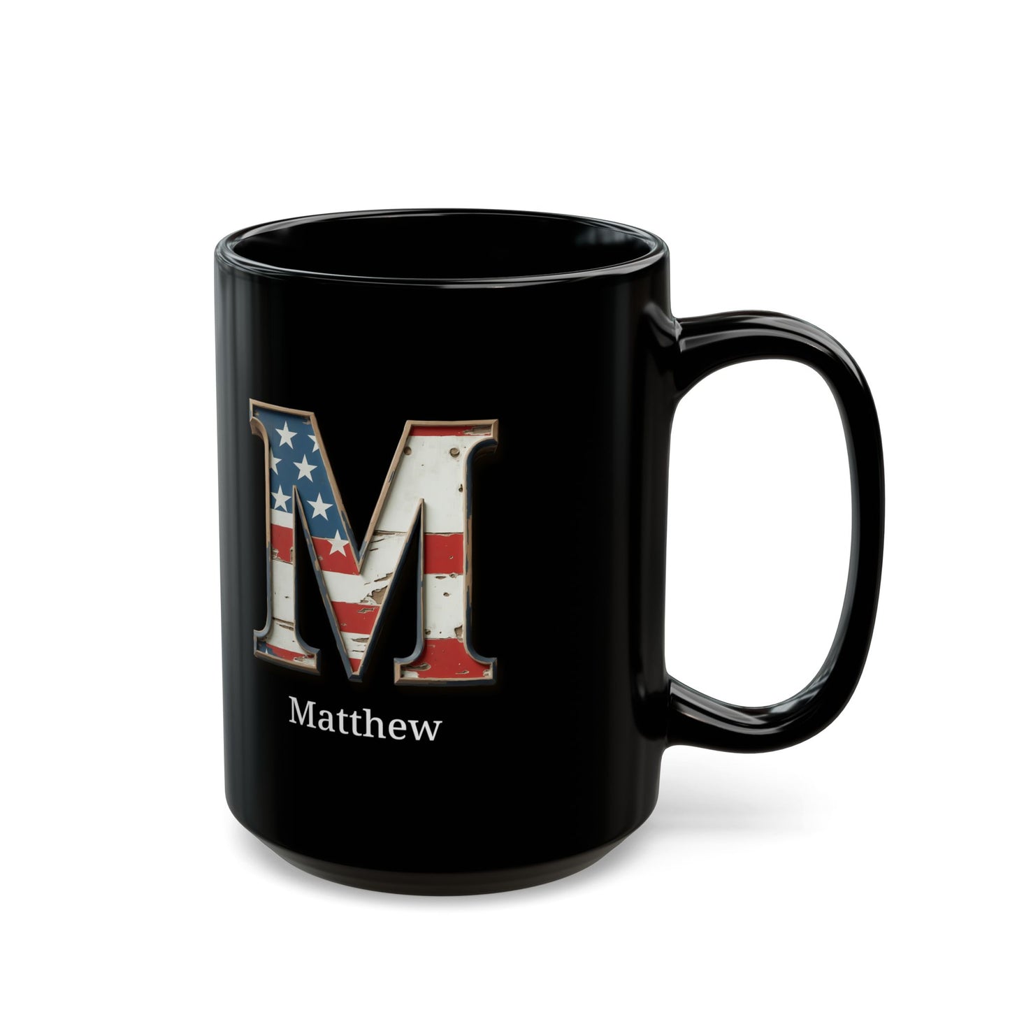 Black American Flag Mug with Letter M and Name Matthew Personalized Patriotic Coffee Cup Gift for Men Veterans or Proud USA Supporters