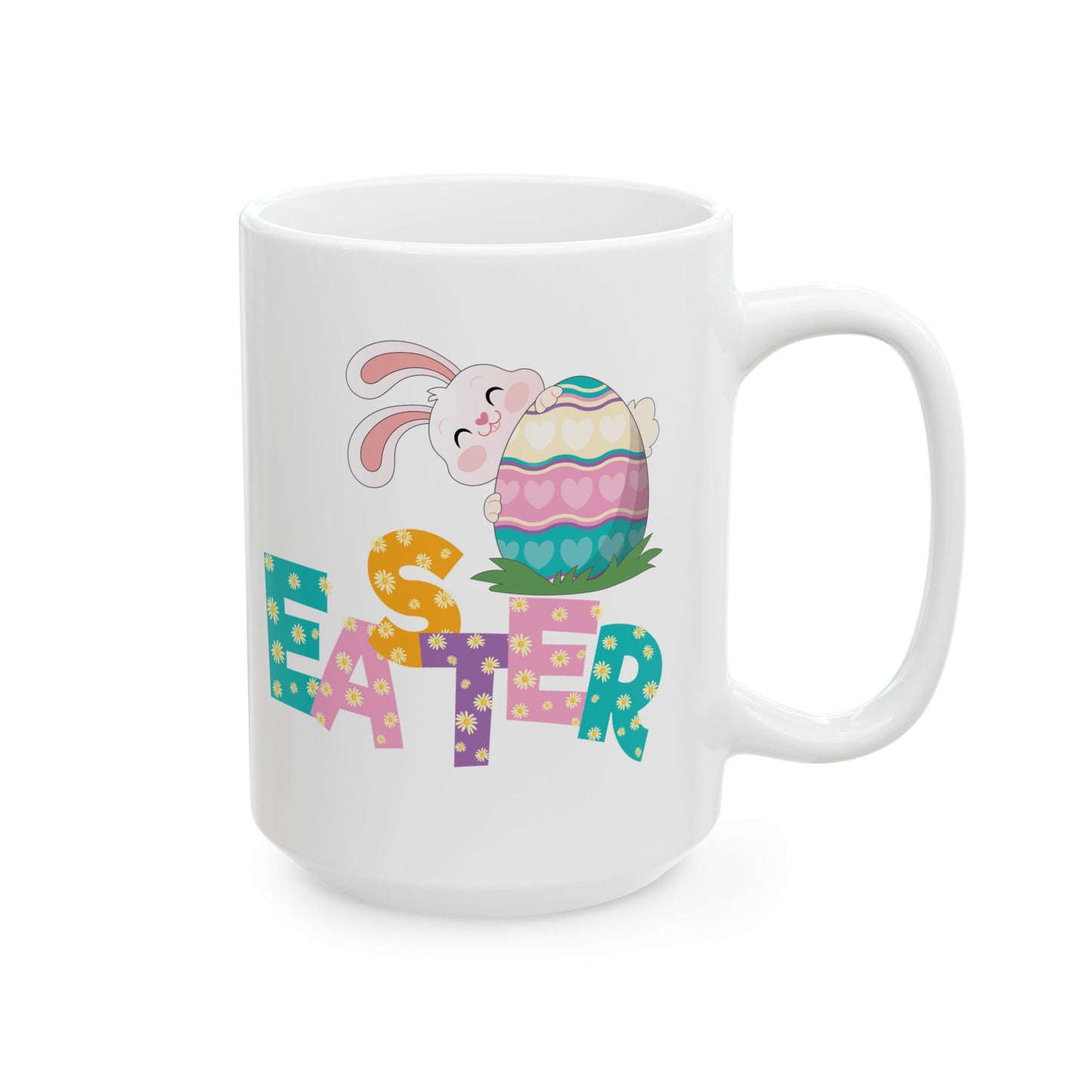 Colorful Easter Bunny Mug – Cute Egg & Letter Art Spring Cup