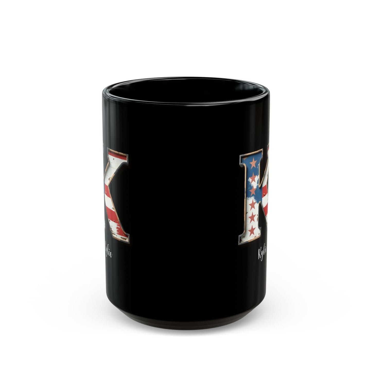 Mug - Patriotic American Flag Letter K with Kevin Name - Vintage Red, White, and Blue Design