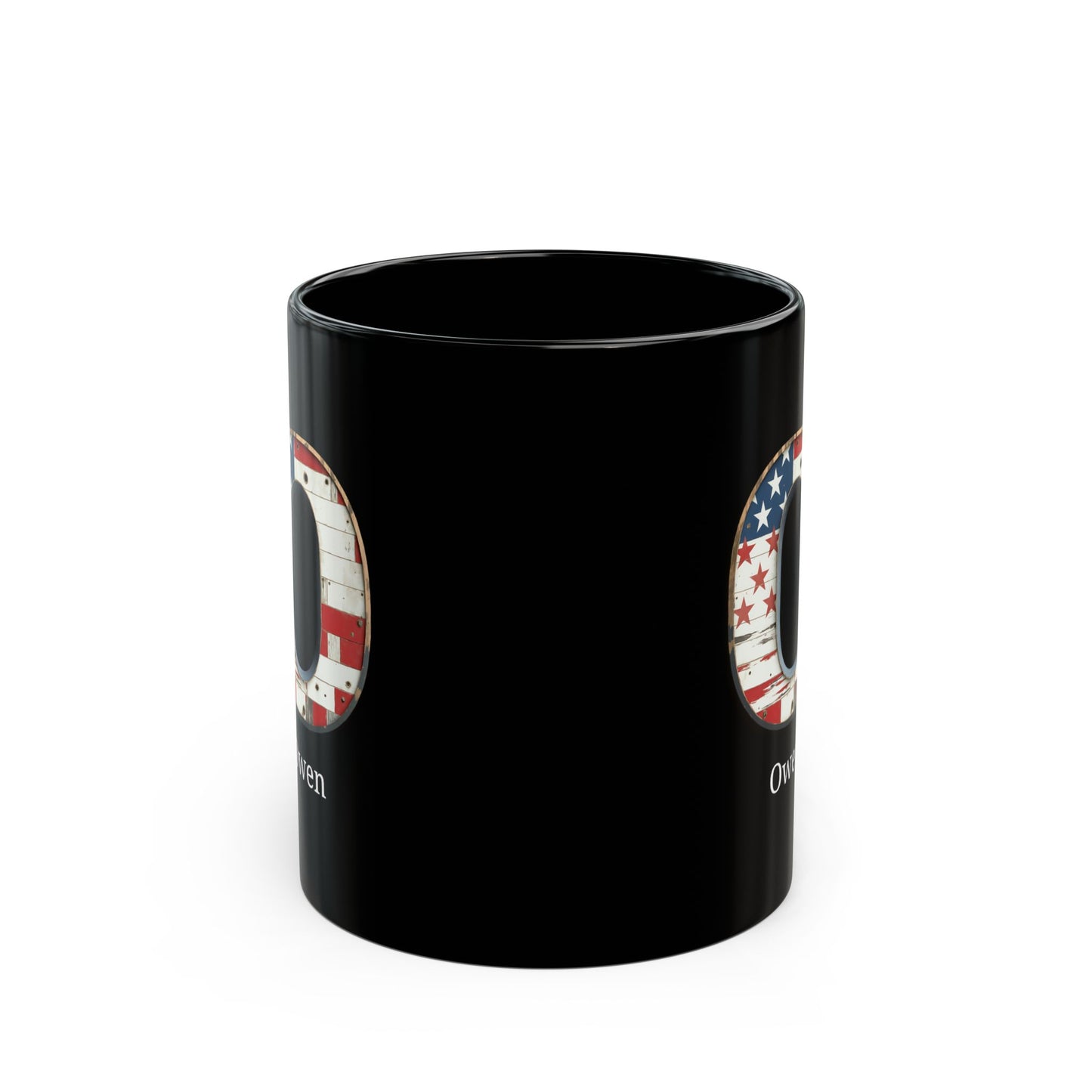 Black American Flag Mug with Letter O and Name Owen Personalized Patriotic Coffee Cup Gift for Men Veterans or Proud USA Supporters