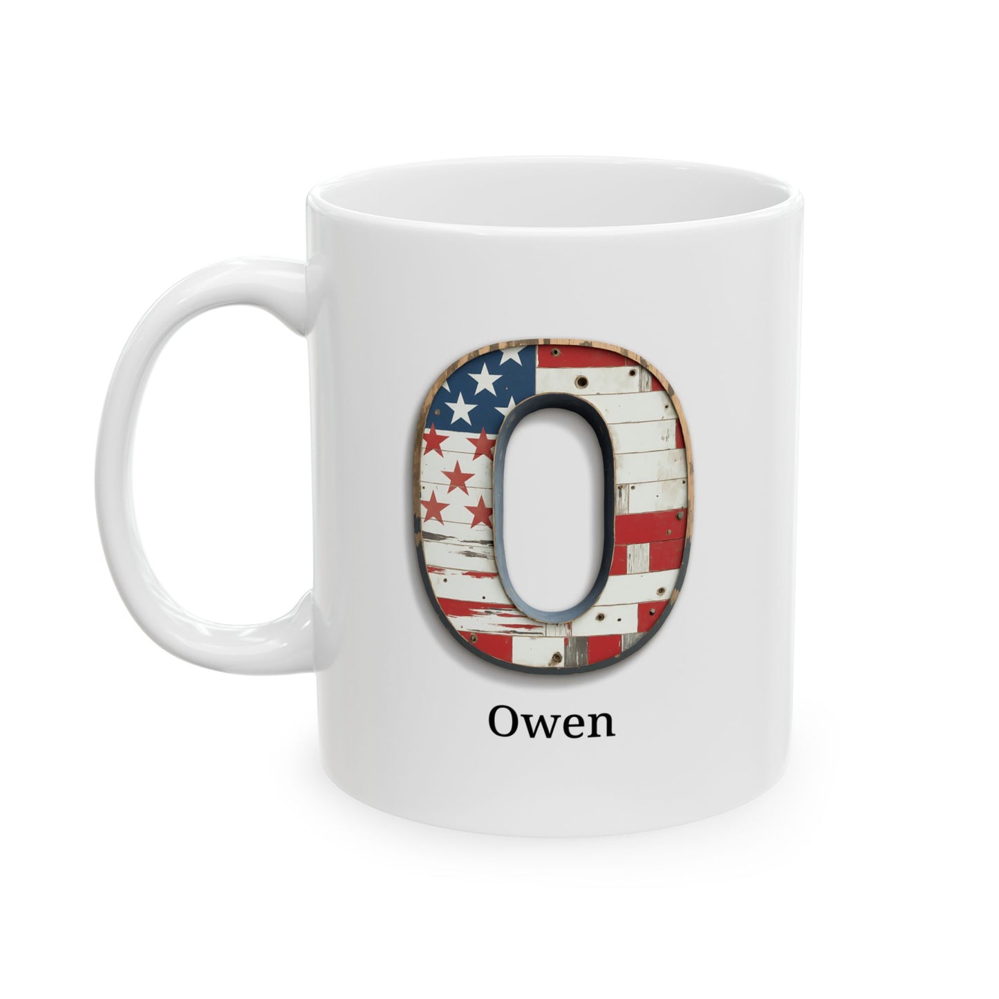 White American Flag Mug with Letter O and Name Owen Personalized Patriotic Coffee Cup Gift for Veterans Military Families or Proud Americans