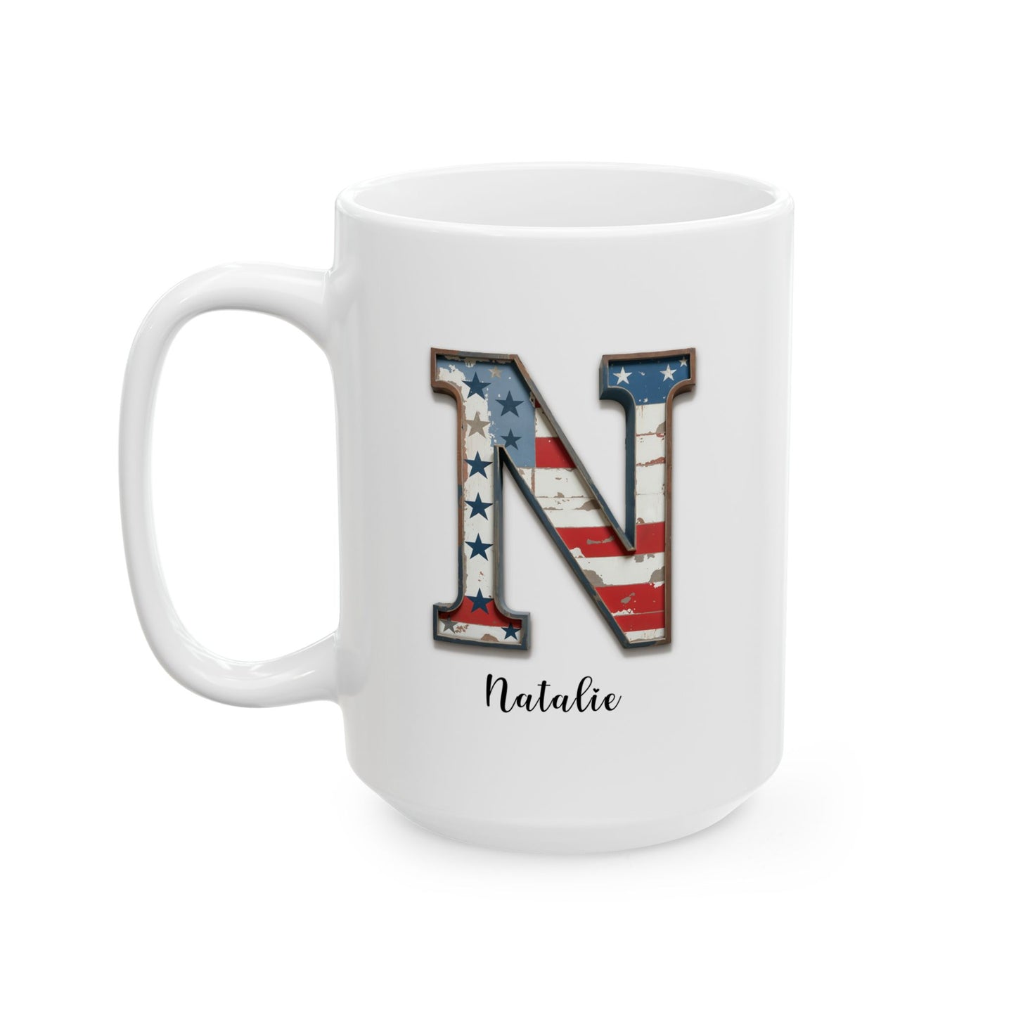 Mug - Patriotic American Flag Letter N with Kevin Name - Vintage Red, White, and Blue Design