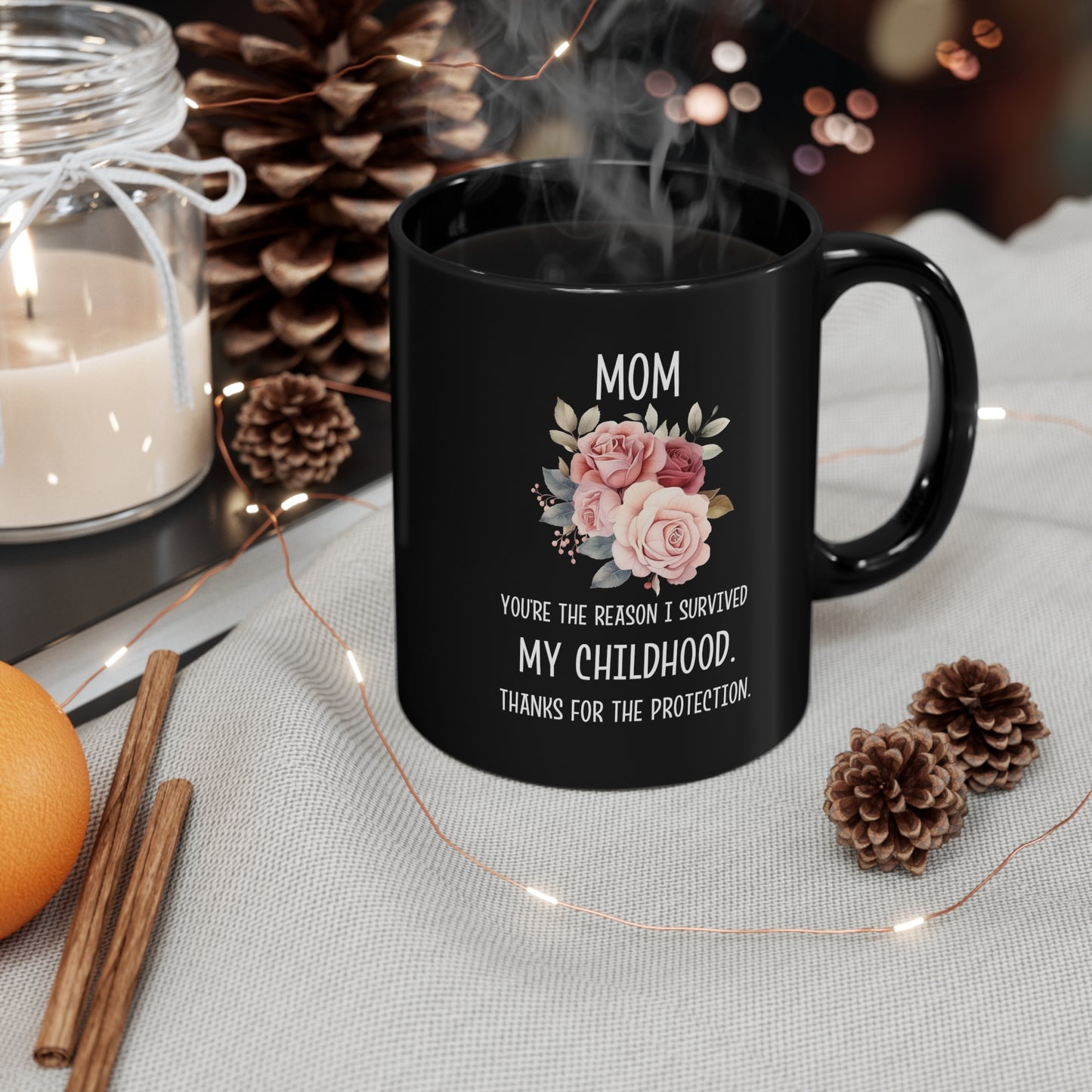 Funny Mom Mug - Childhood Survival Gift Floral Black Coffee Cup for Mom