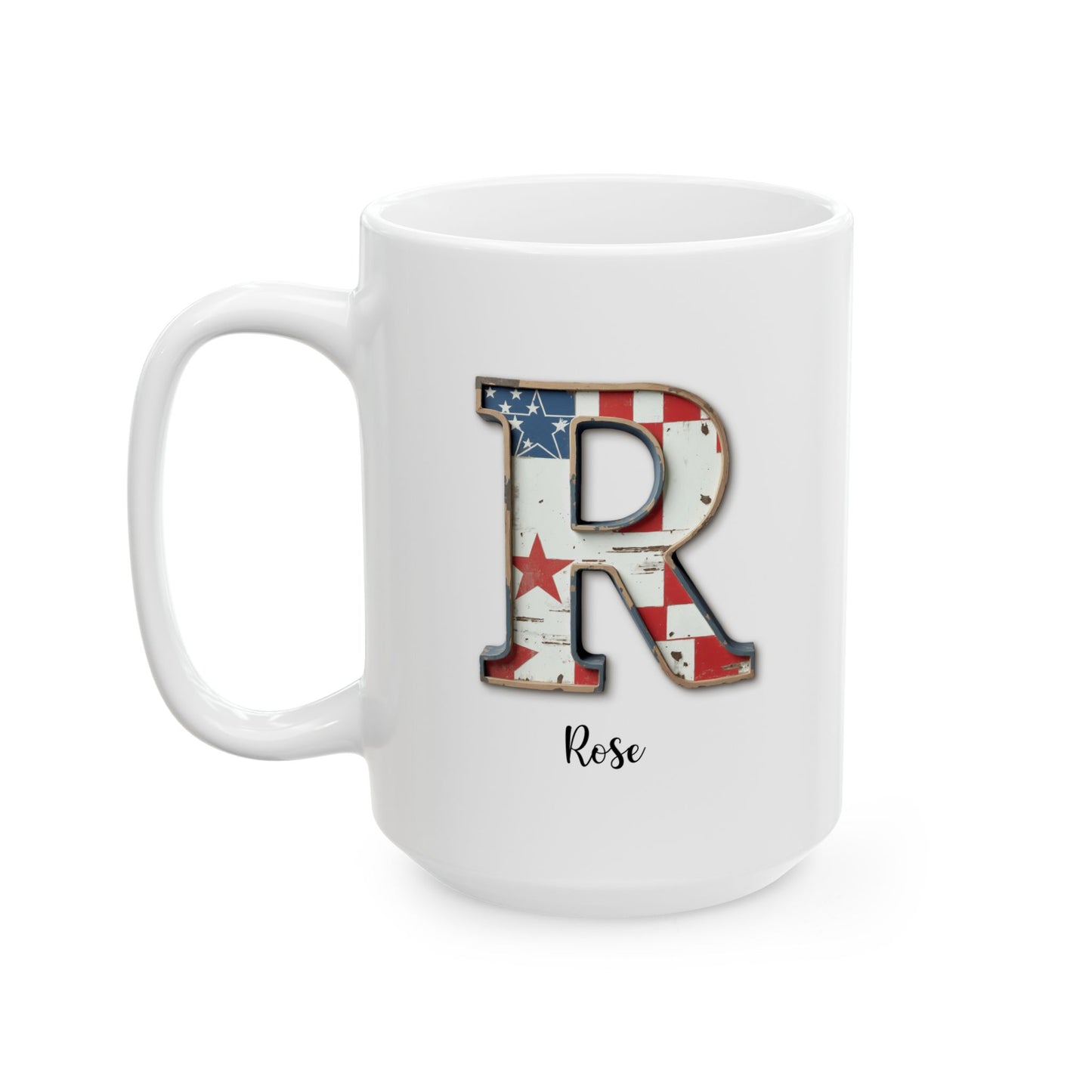 Mug - Patriotic American Flag Letter R with Kevin Name - Vintage Red, White, and Blue Design