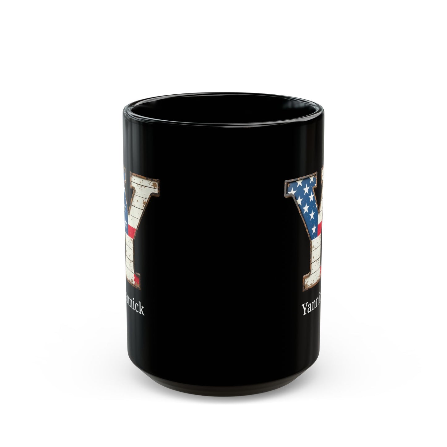 Black Personalized USA Flag Initial Mug with Letter Y and Yannick Name Gift for Men, Veterans, Patriotic Coffee Lovers