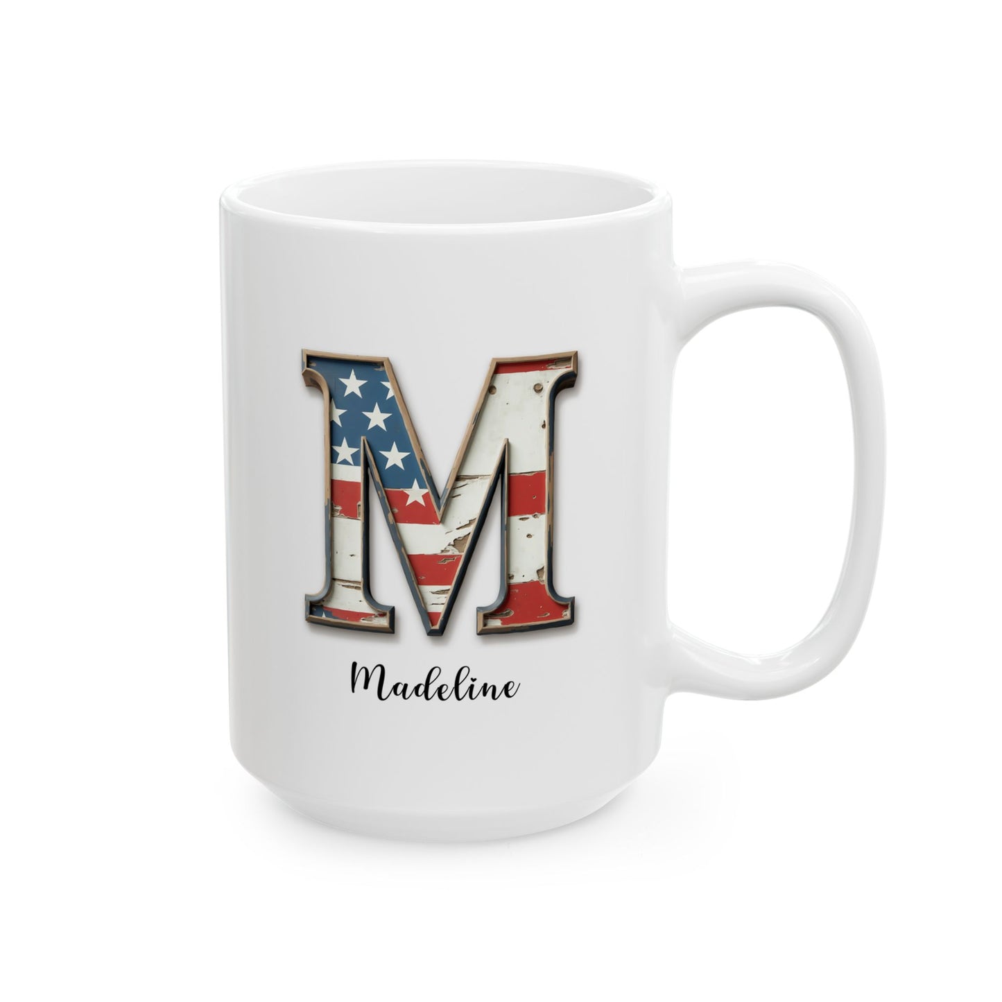 Mug - Patriotic American Flag Letter M with Kevin Name - Vintage Red, White, and Blue Design
