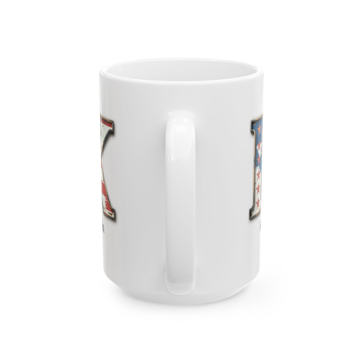 White Patriotic Initial Mug with Letter K and Name Kevin Personalized American Flag Coffee Cup Gift for Men, Veterans, or USA Supporters