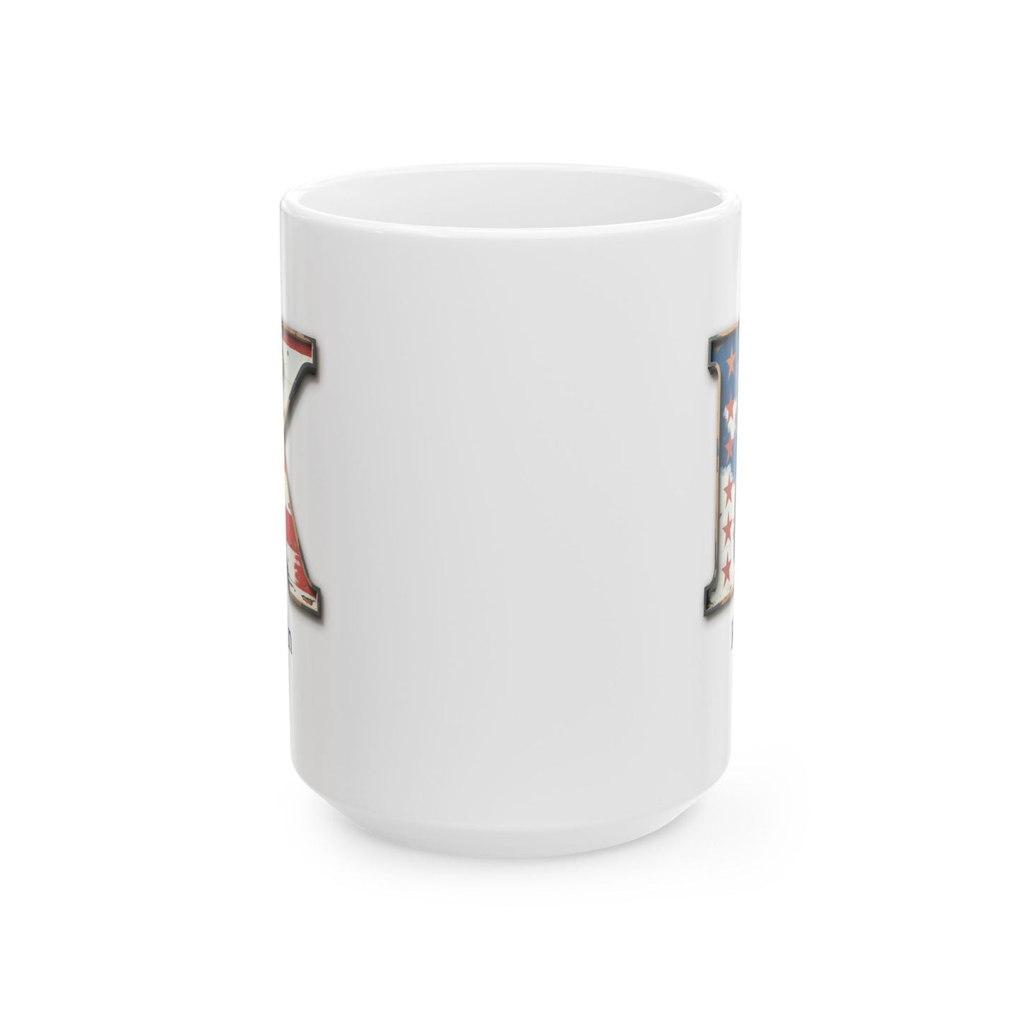 White Patriotic Initial Mug with Letter K and Name Kevin Personalized American Flag Coffee Cup Gift for Men, Veterans, or USA Supporters