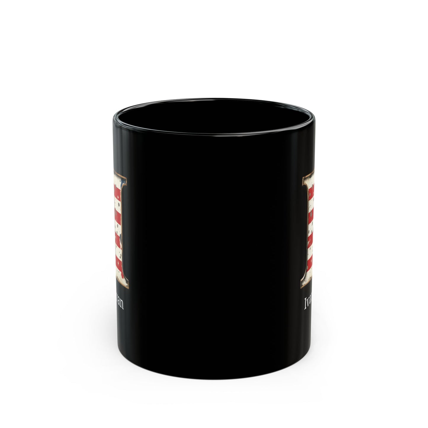 Black Personalized USA Flag Initial Mug with Letter I and Ivan Name Gift for Men, Veterans, Patriotic Coffee Lovers