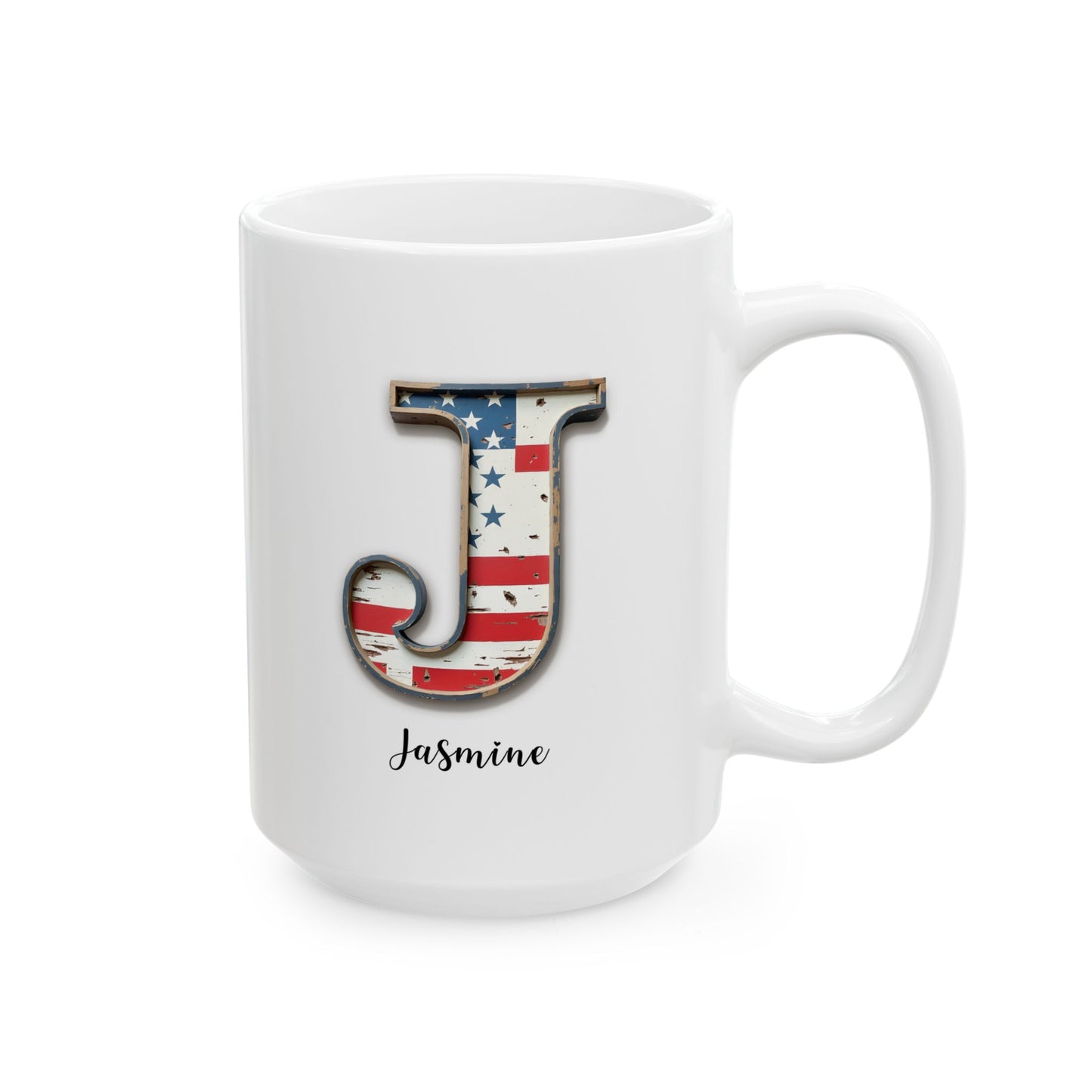 Mug - Patriotic American Flag Letter J with Kevin Name - Vintage Red, White, and Blue Design