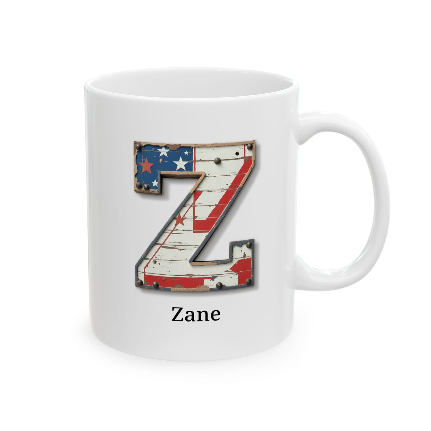 White Personalized USA Flag Initial Mug with Letter Z and Zane Name Gift for Men, Veterans, Patriotic Coffee Lovers